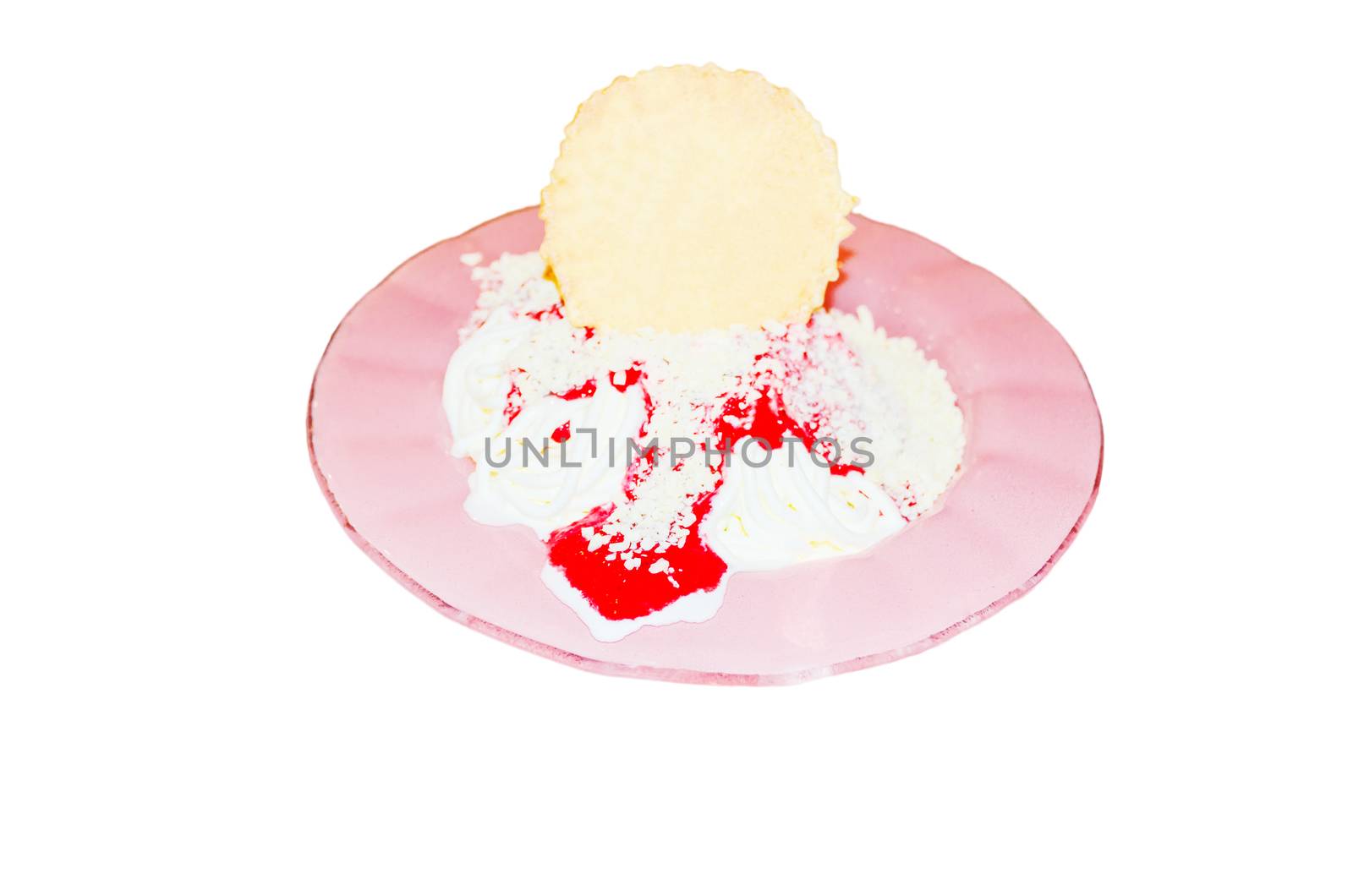 Spaghetti ice cream with waffle on pink plate isolated on white.