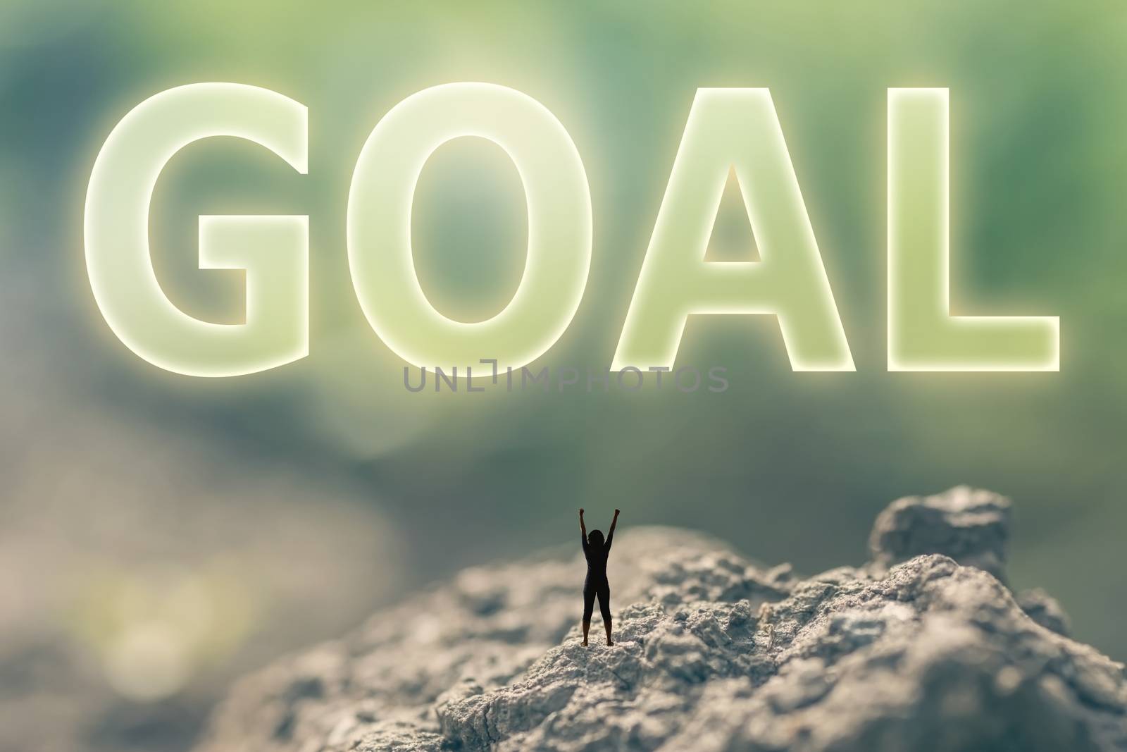 Concept of goal with a person stand in the outdoor and looking up the text over the sky in nature background.