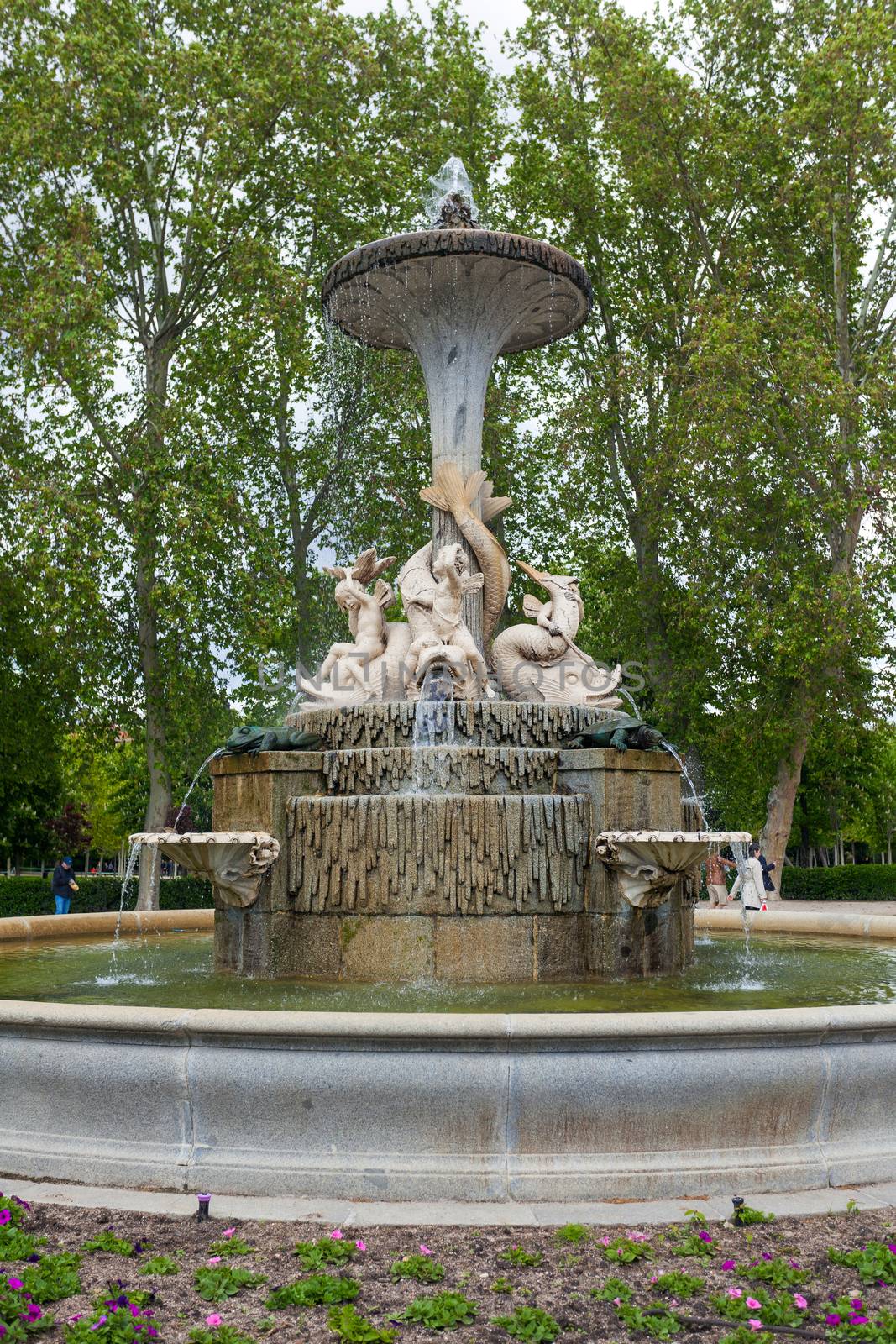Madrid, Spain - May 6, 2012: Water fountain in the "Park of the Pleasant Retreat" (Retiro Park) on a spring day in Madrid, Spain