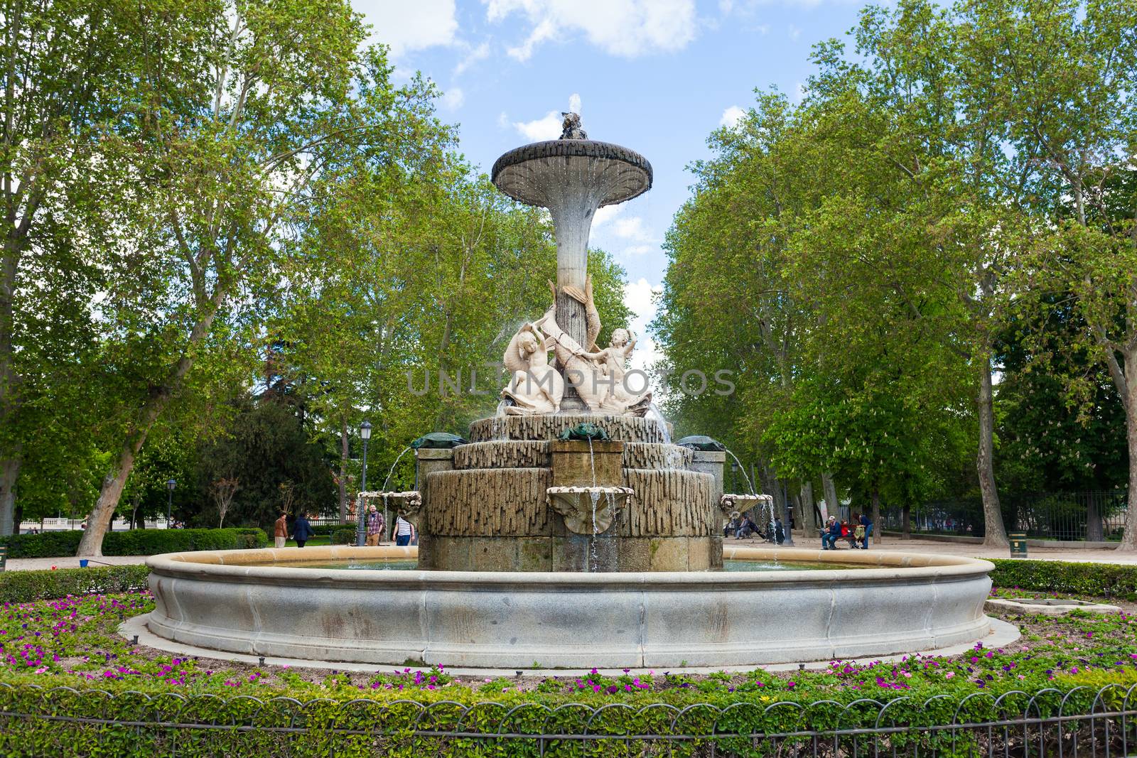 Madrid, Spain - May 6, 2012: Water fountain in the "Park of the Pleasant Retreat" (Retiro Park) on a spring day in Madrid, Spain