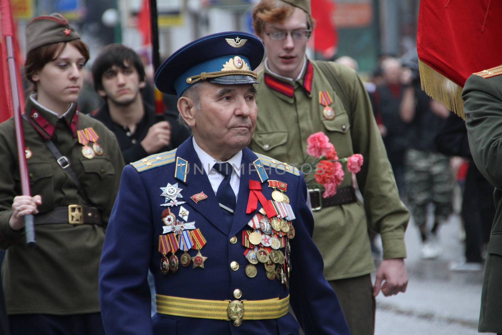 Moscow, Russia - May 9, 2012. March of communists on the Victory Day. 