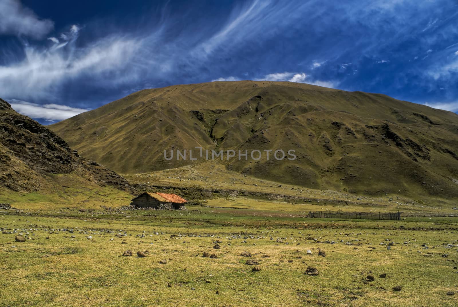 Picturesque green valley in between hills of Peruvian Andes