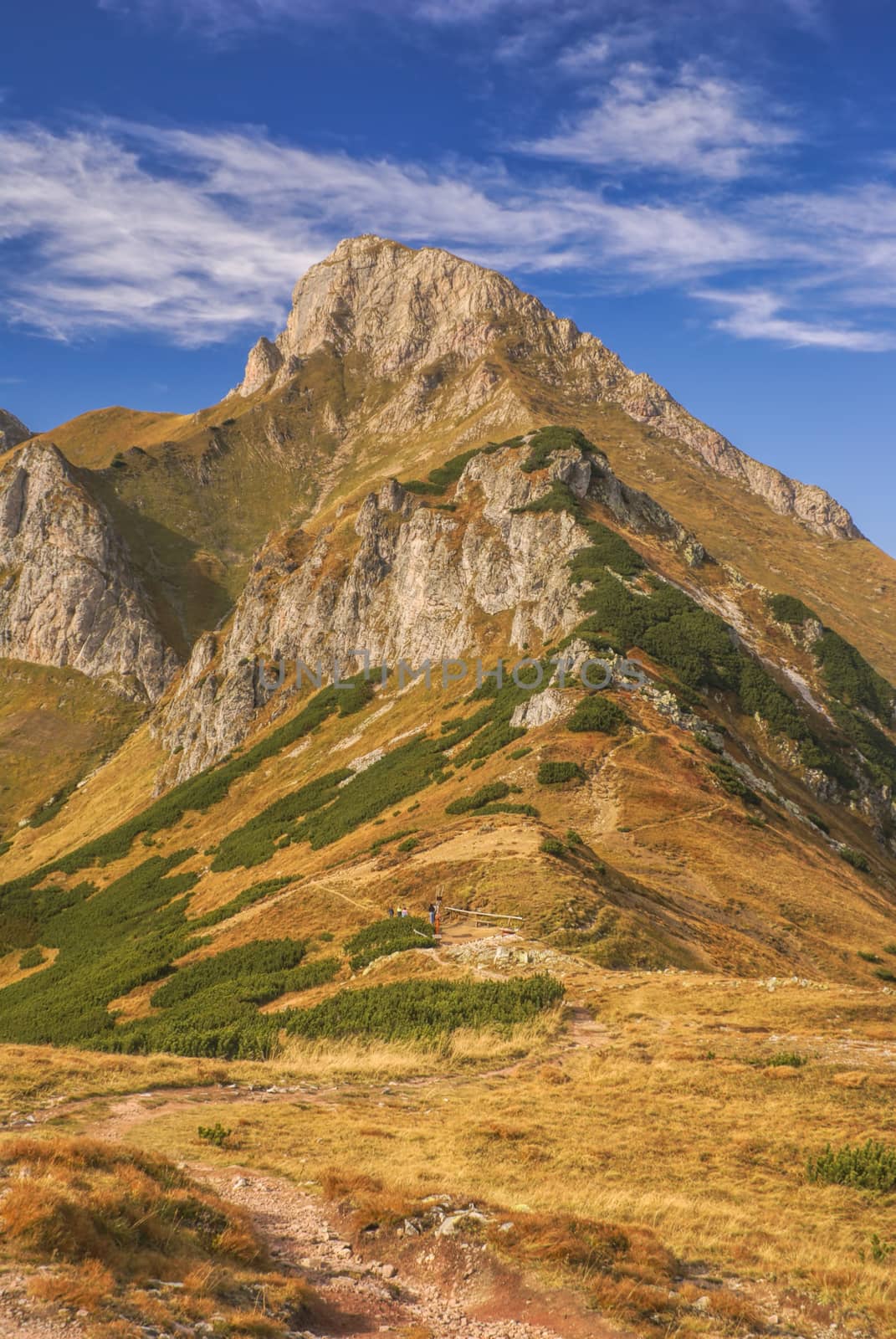 Scenic mountain peak of Belianske Tatry in Slovakia on sunny autumn day
