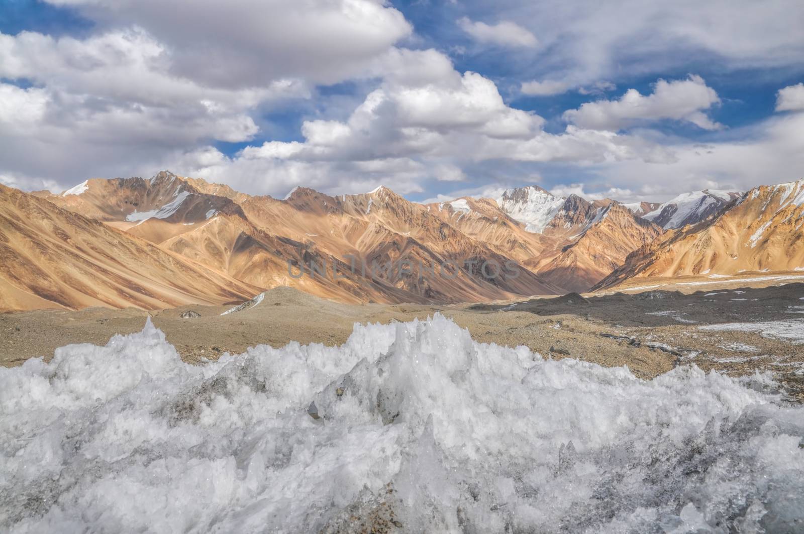 Ice crystals in scenic valley in Pamir mountains in Tajikistan