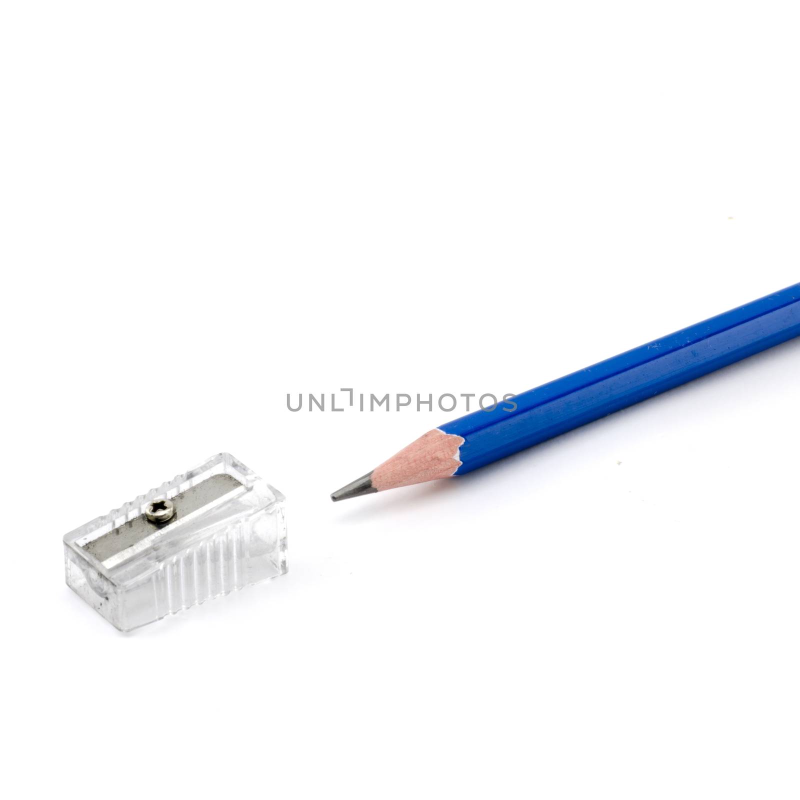blue pencil with sharpener isolated on white background