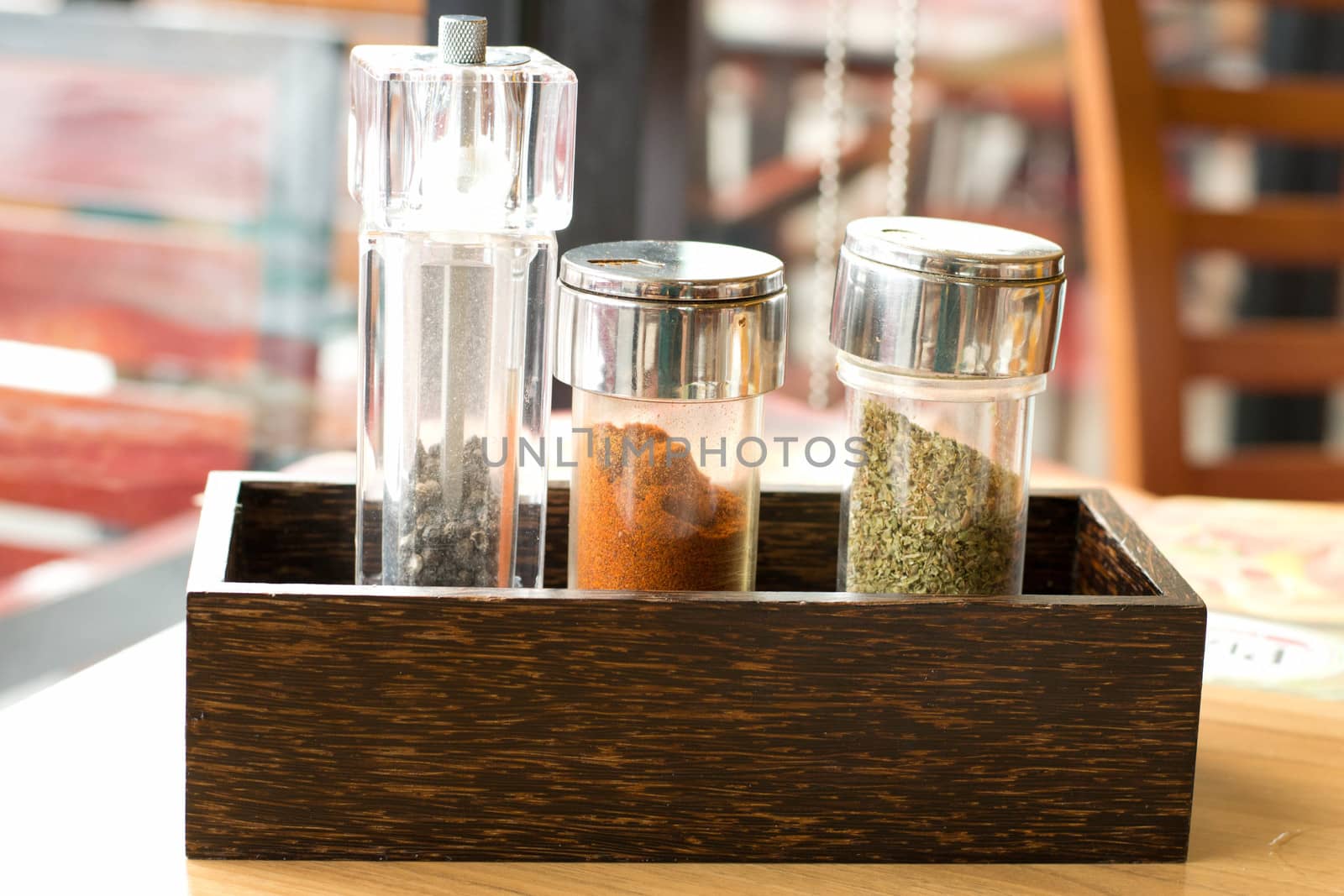  the pizza spices, salt, pepper, cheese shakers  by Thanamat