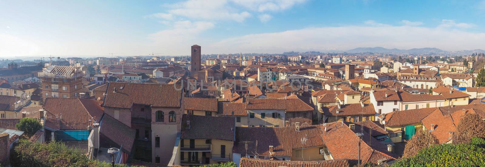 Larege panoramic aerial view of the city of Chieri from the Chiesa di San Giorgio meaning St George church