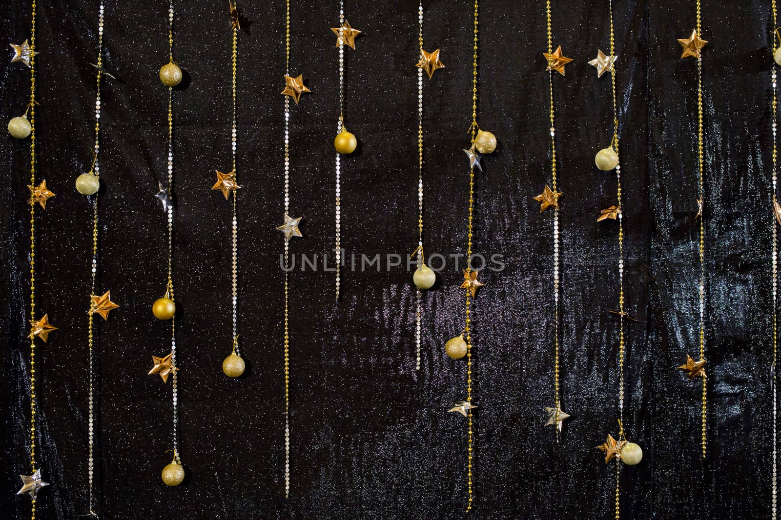 Decorative black background with sparkling materials. Wedding backdrop.