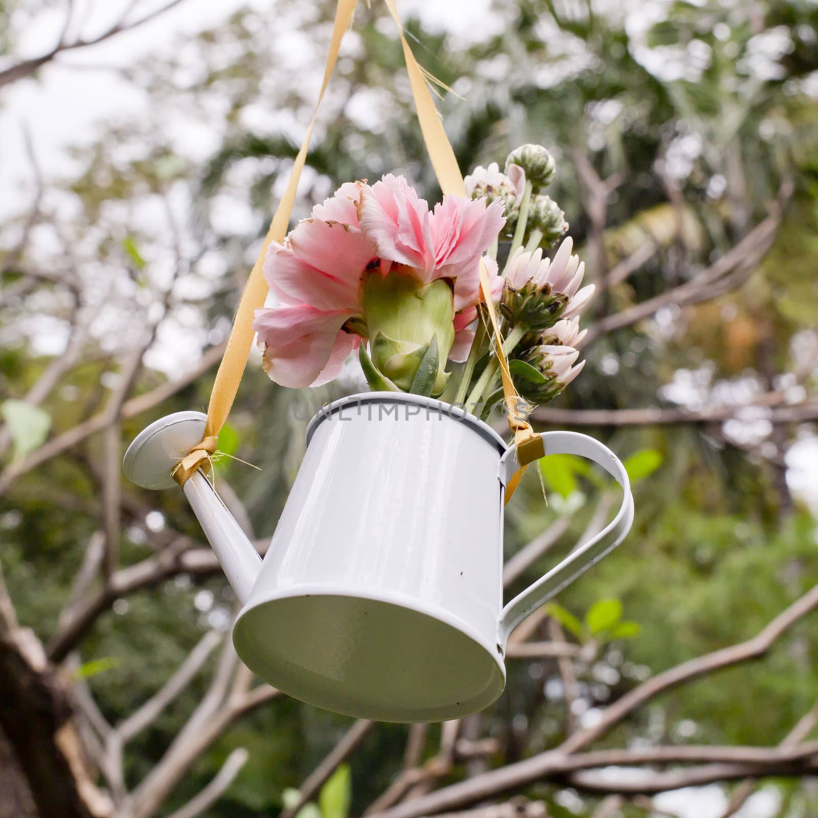 Hanging of flowers and watering can decorate in garden