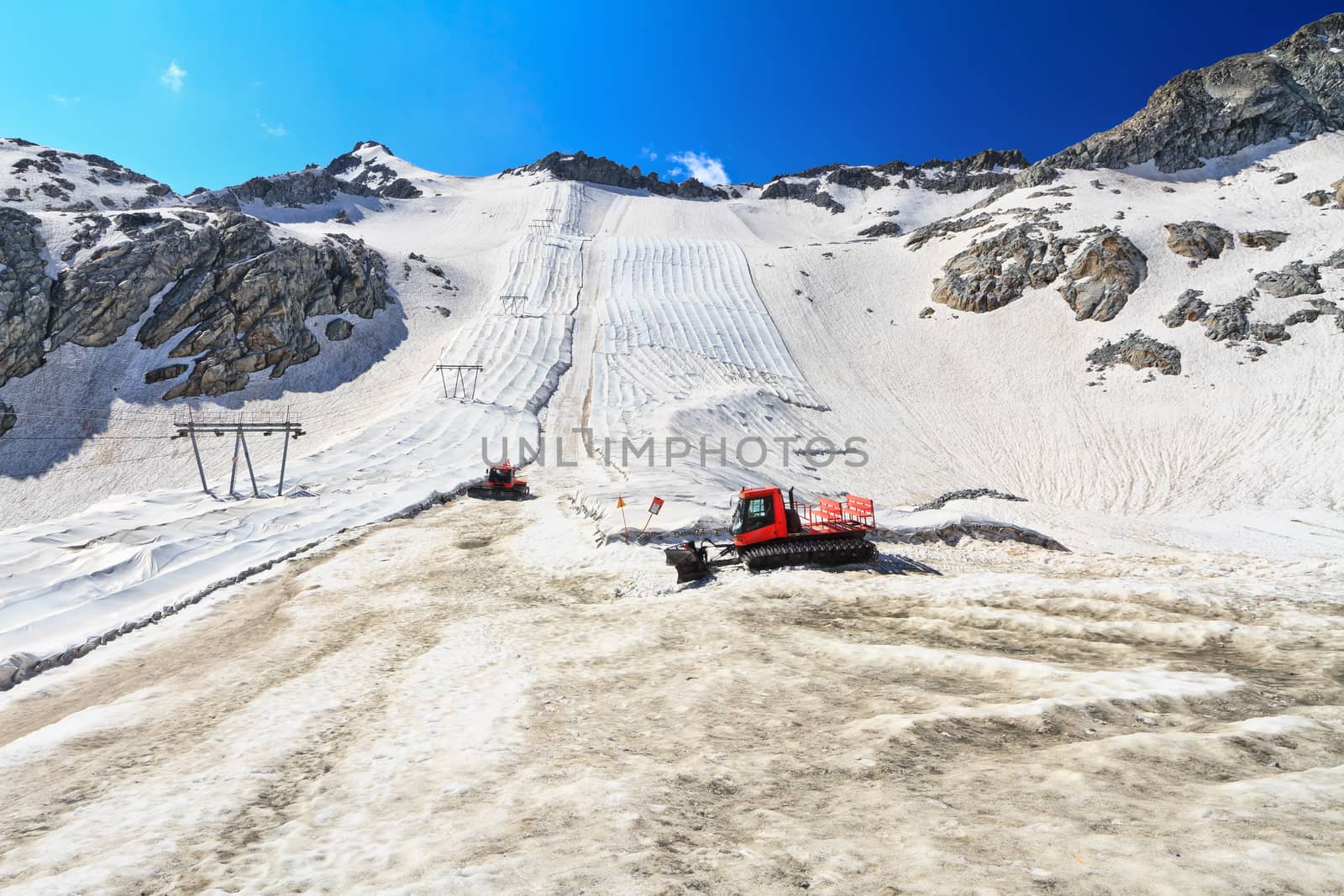 summer view in Presena glacier  with geotextile fabrics, Italian Alps