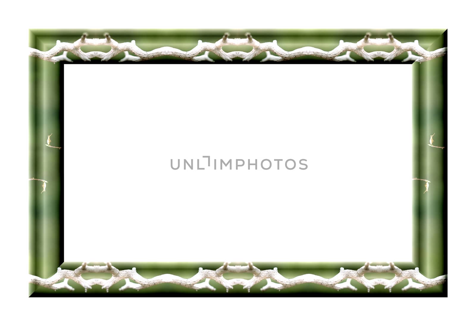 Rectangular frame for pictures with abstract texture of green tones on a white background