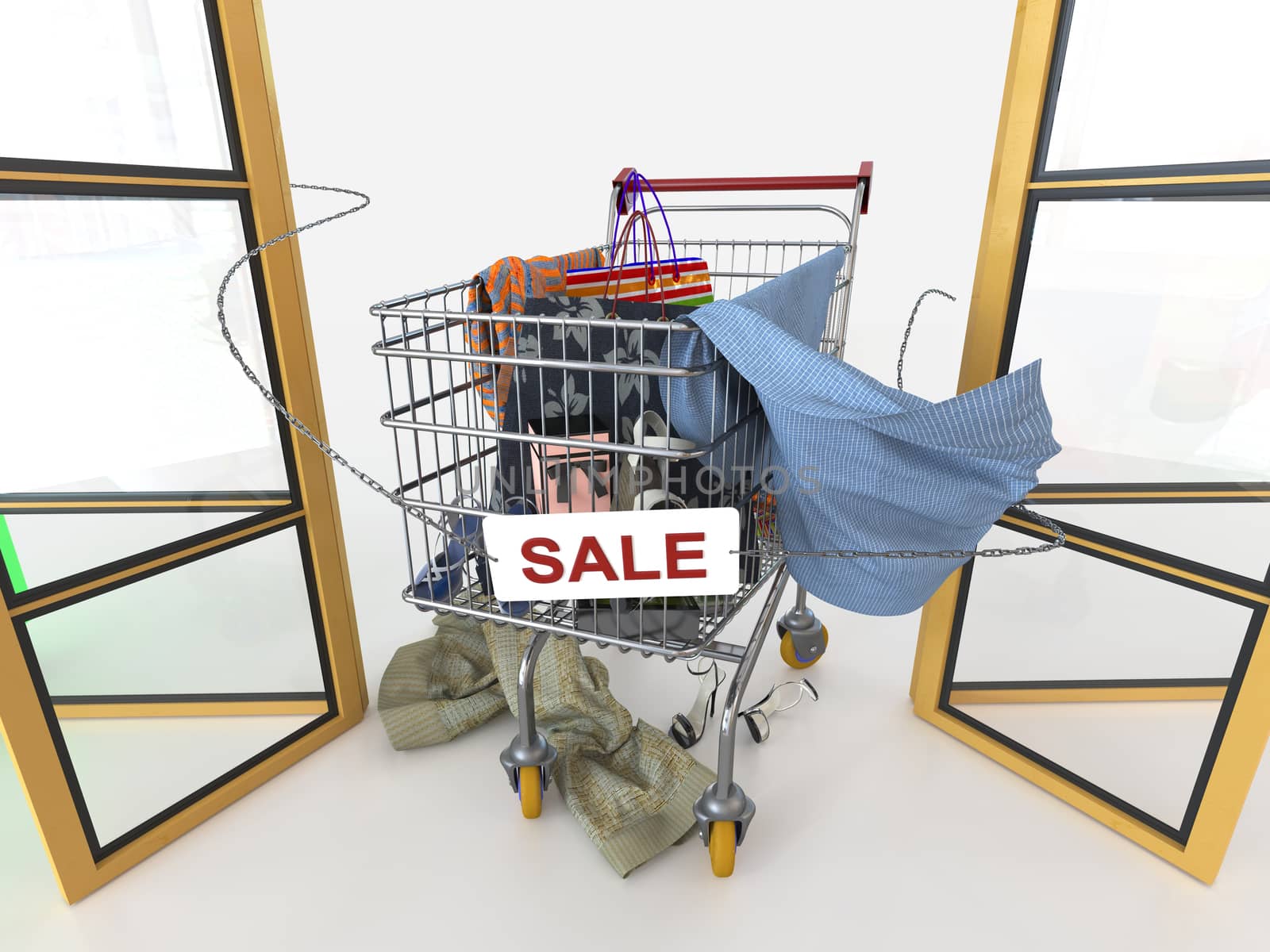 shopping sale concept background with shopping trolley on isolate white by denisgo