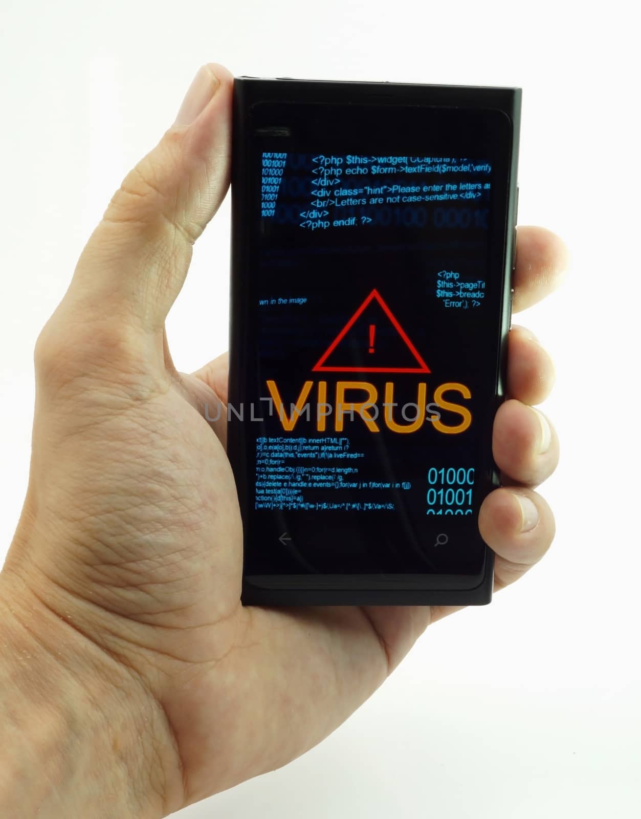 Security concept: man's hand touching smart phone with text Virus