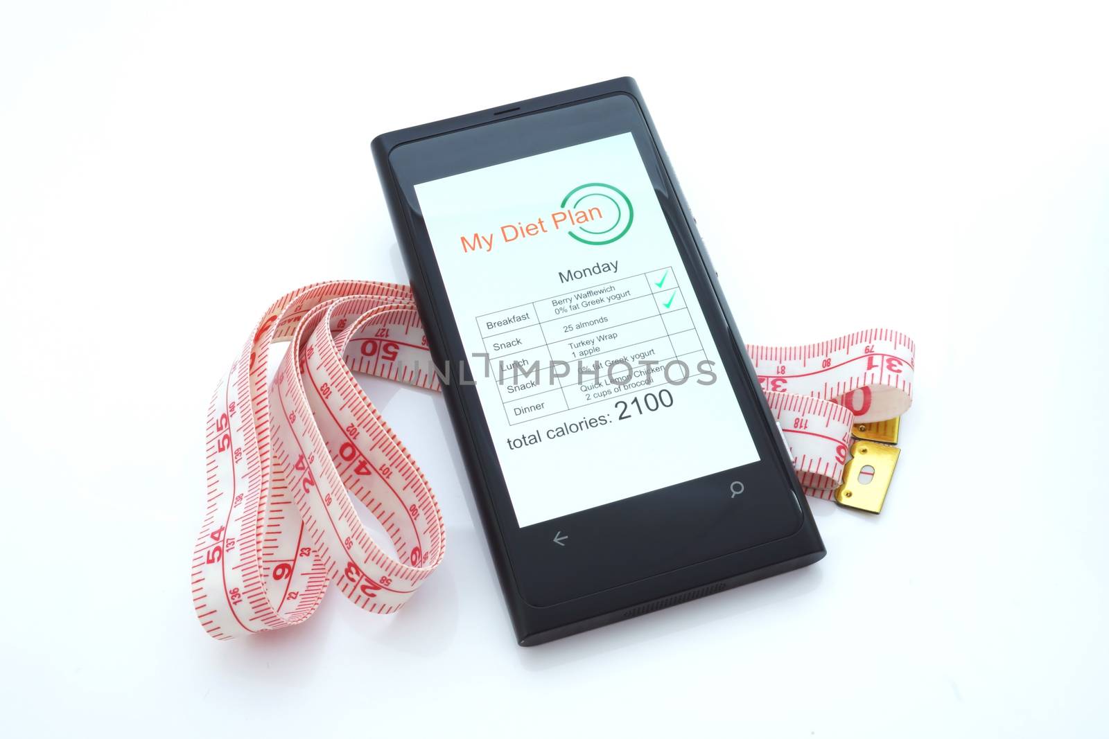 Smart phone with diet plan and measuring tape on white background