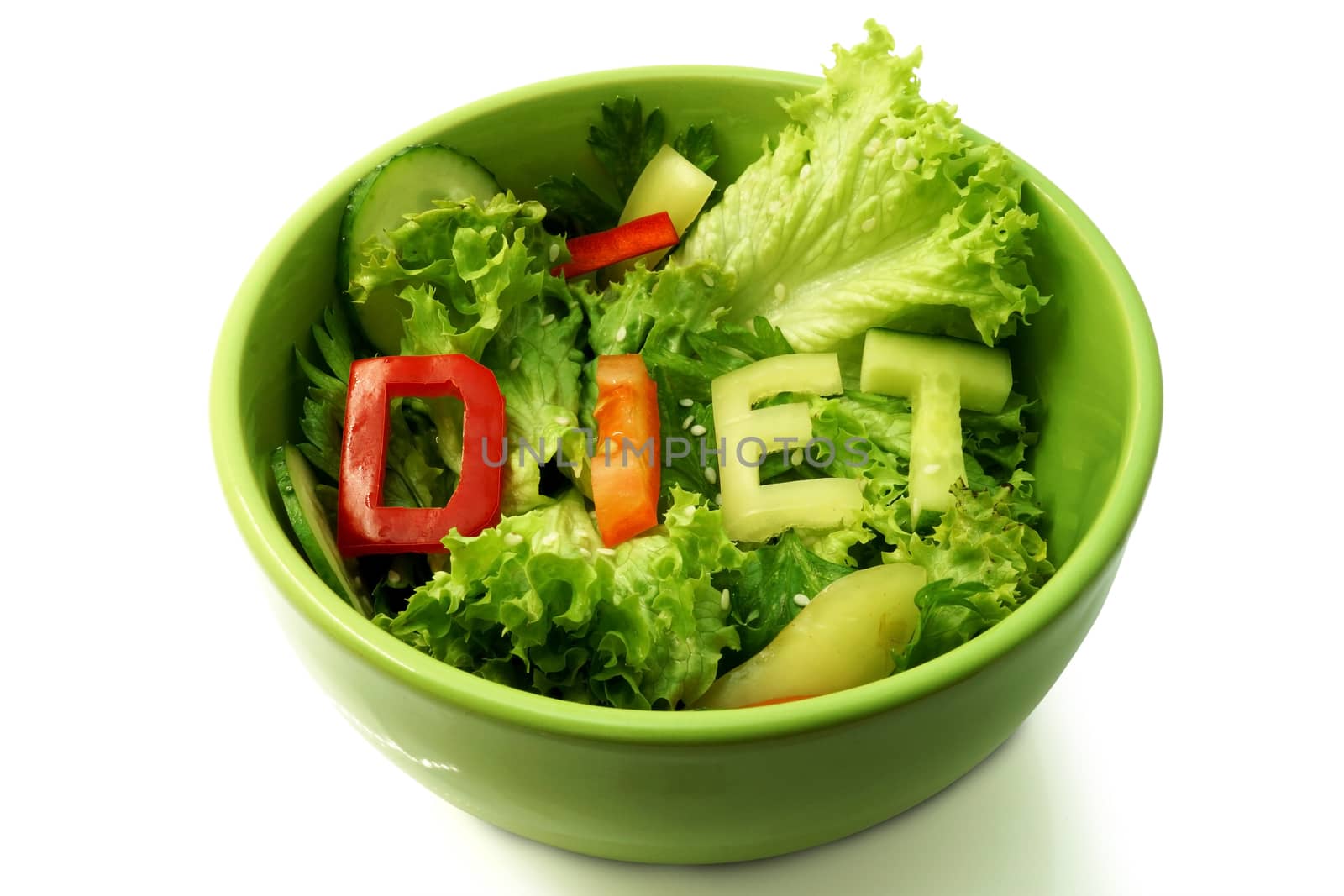 Green plate with word diet composed of slices of different vegetables on salad