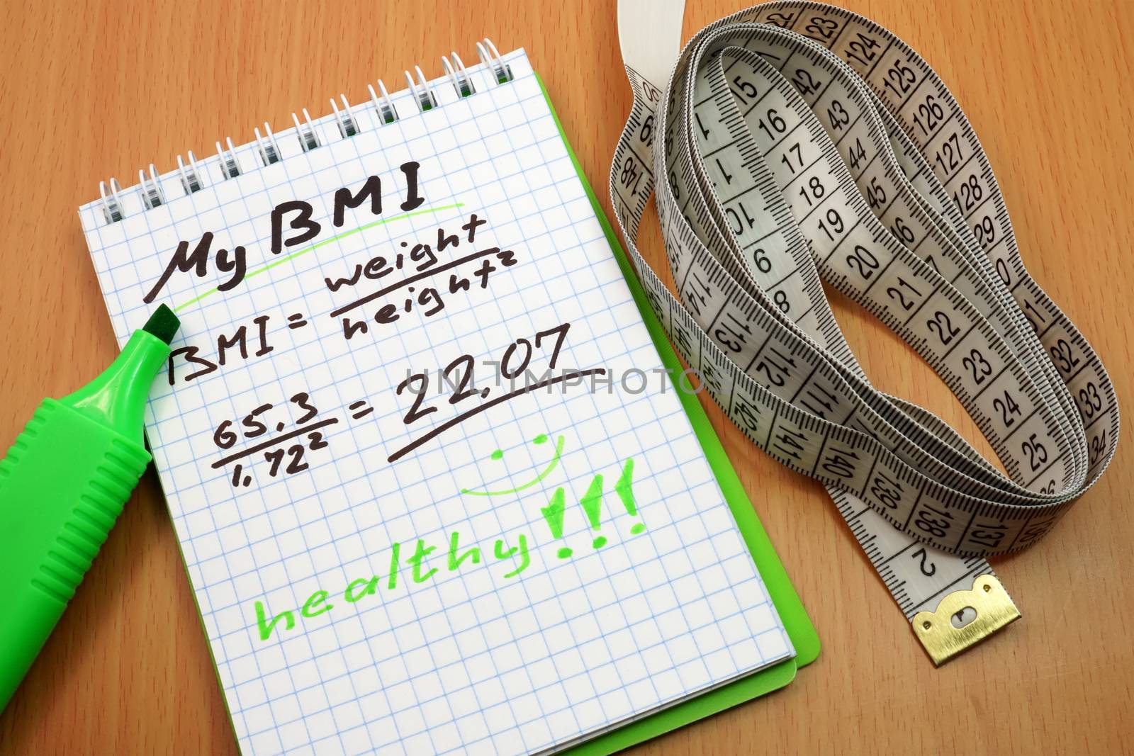 measuring tape, a marker and a notepad with a Body mass index formula