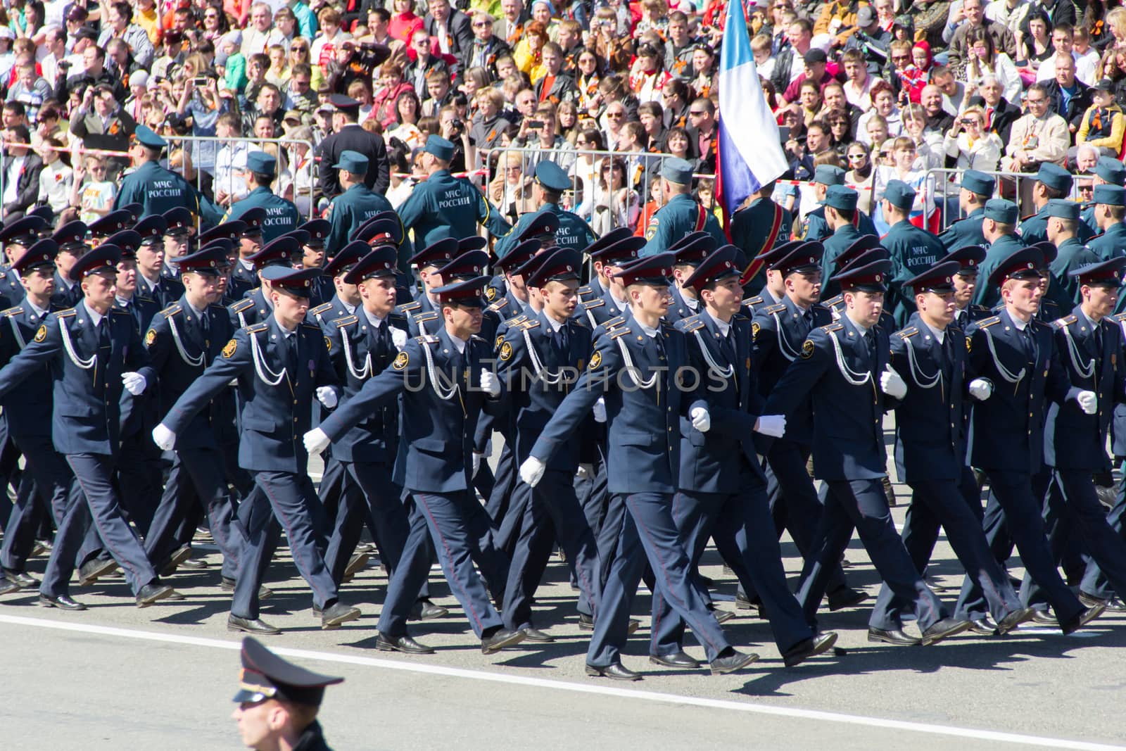 Samara, Russia - May 9: Russian soldiers march at the parade on annual Victory Day, May, 9, 2014 in Samara, Russia.
