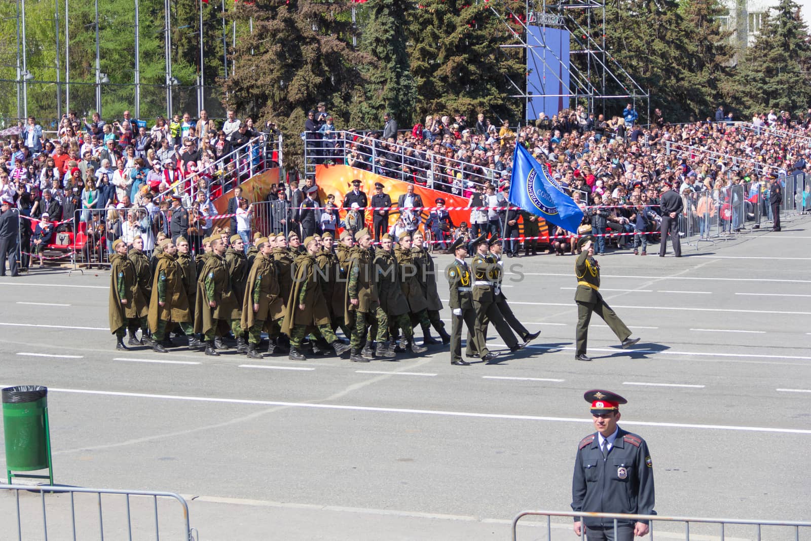 Samara, Russia - May 9: Russian soldiers march at the parade on annual Victory Day, May, 9, 2014 in Samara, Russia.
