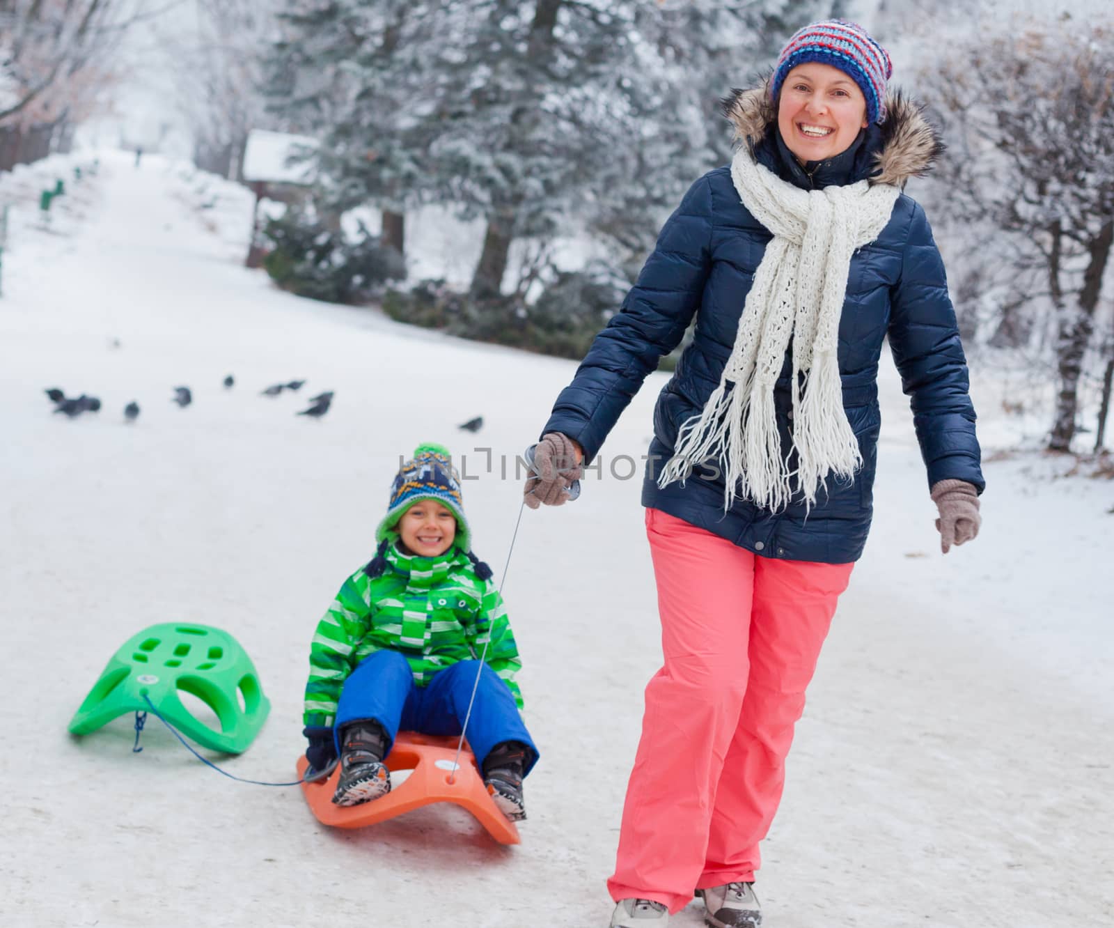 Winter, play, fun - Mother and her cute little son having fun with sled in winter park