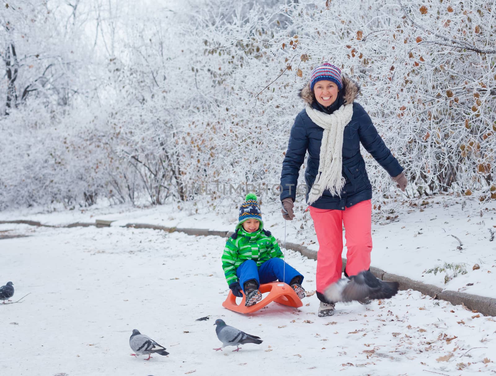 Winter, play, fun - Mother and her cute little son having fun with sled in winter park
