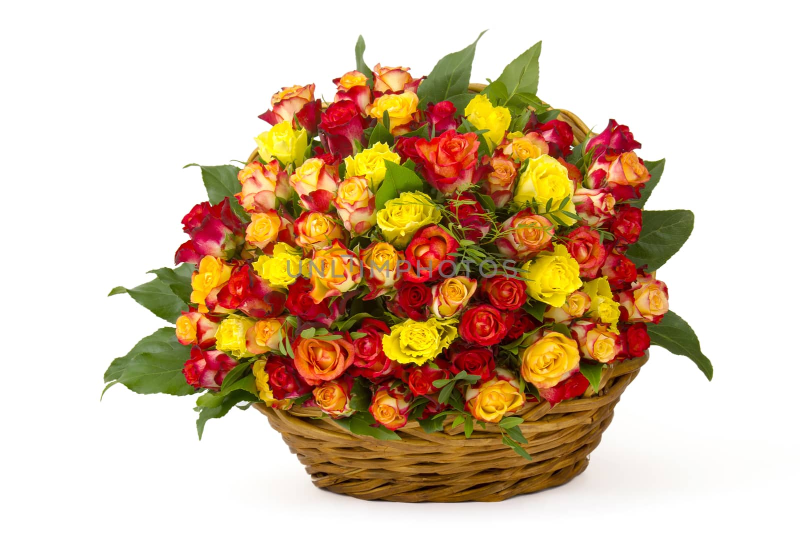 A bouquet of multicolored roses in a basket