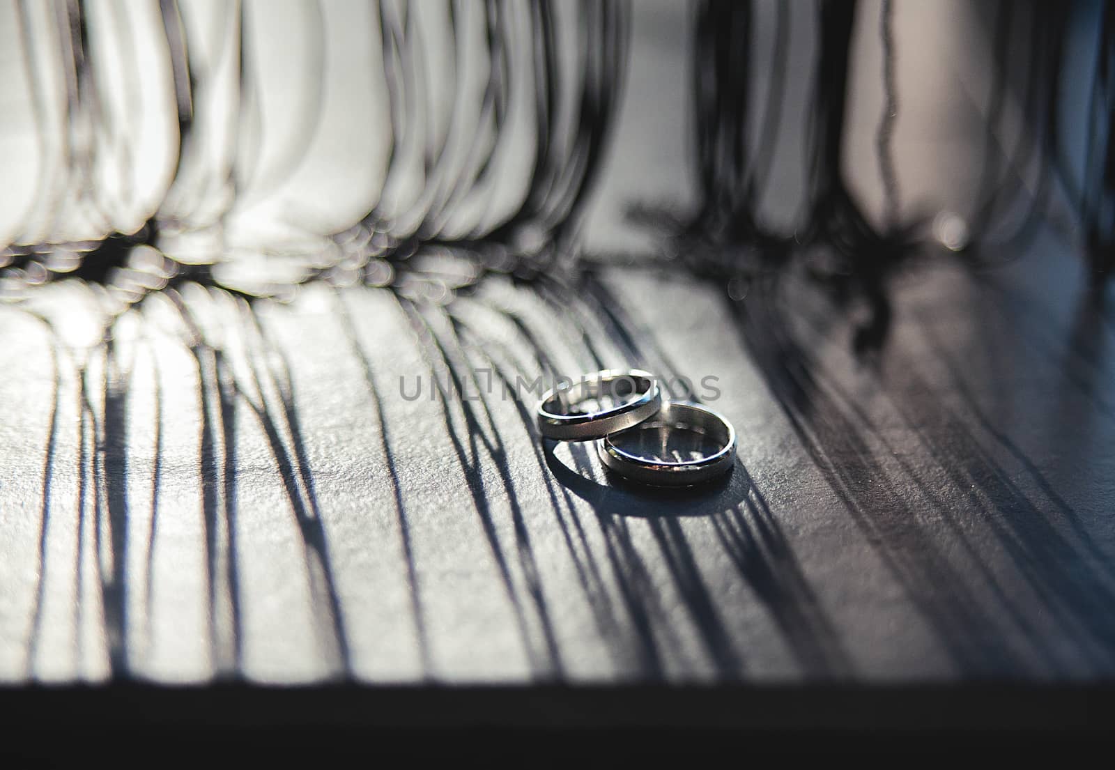 Wedding rings on a wooden board, with long shadows from drapery.