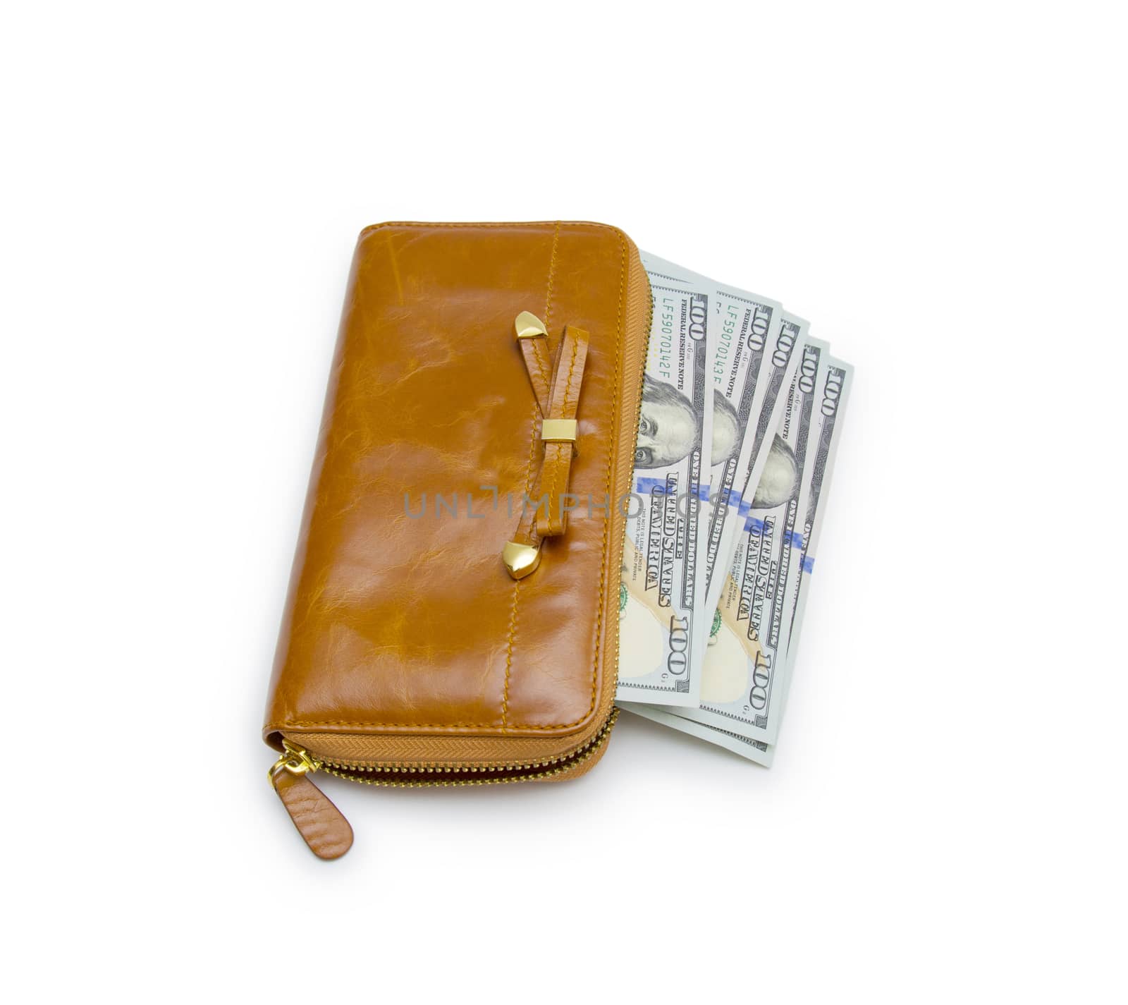 Purse with hundred dollar banknote isolated on white background  by cocoo