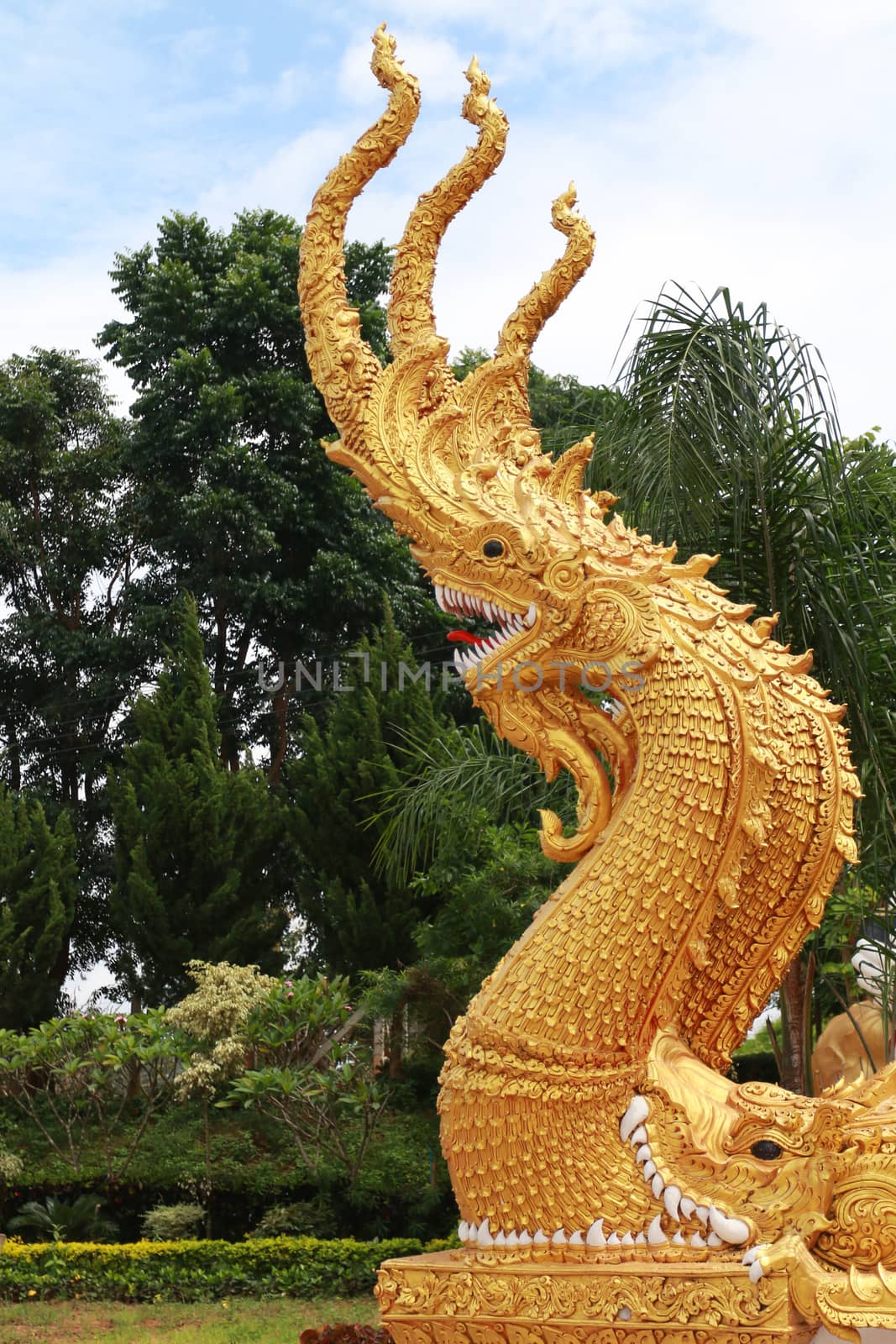 The three heads serpent is in front of the stair of temple.