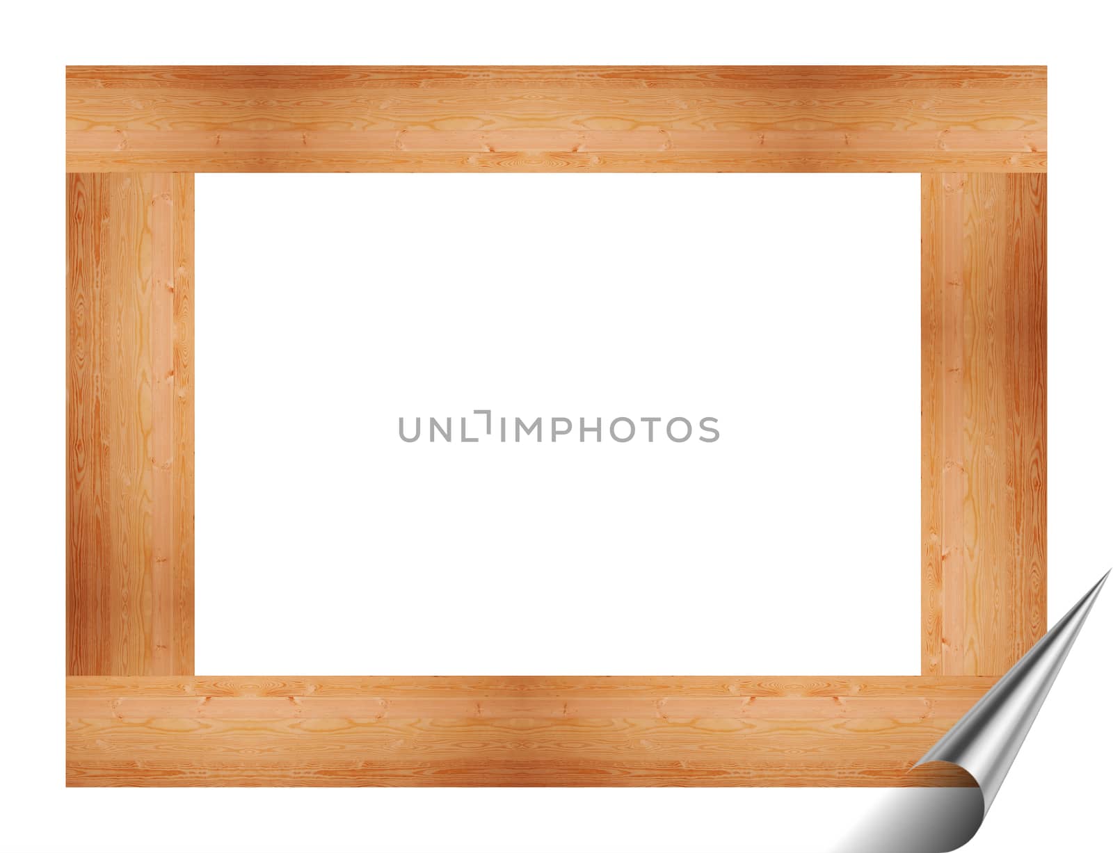 Rectangular frame for pictures and paintings with texture of wood with a folded corner on a white background