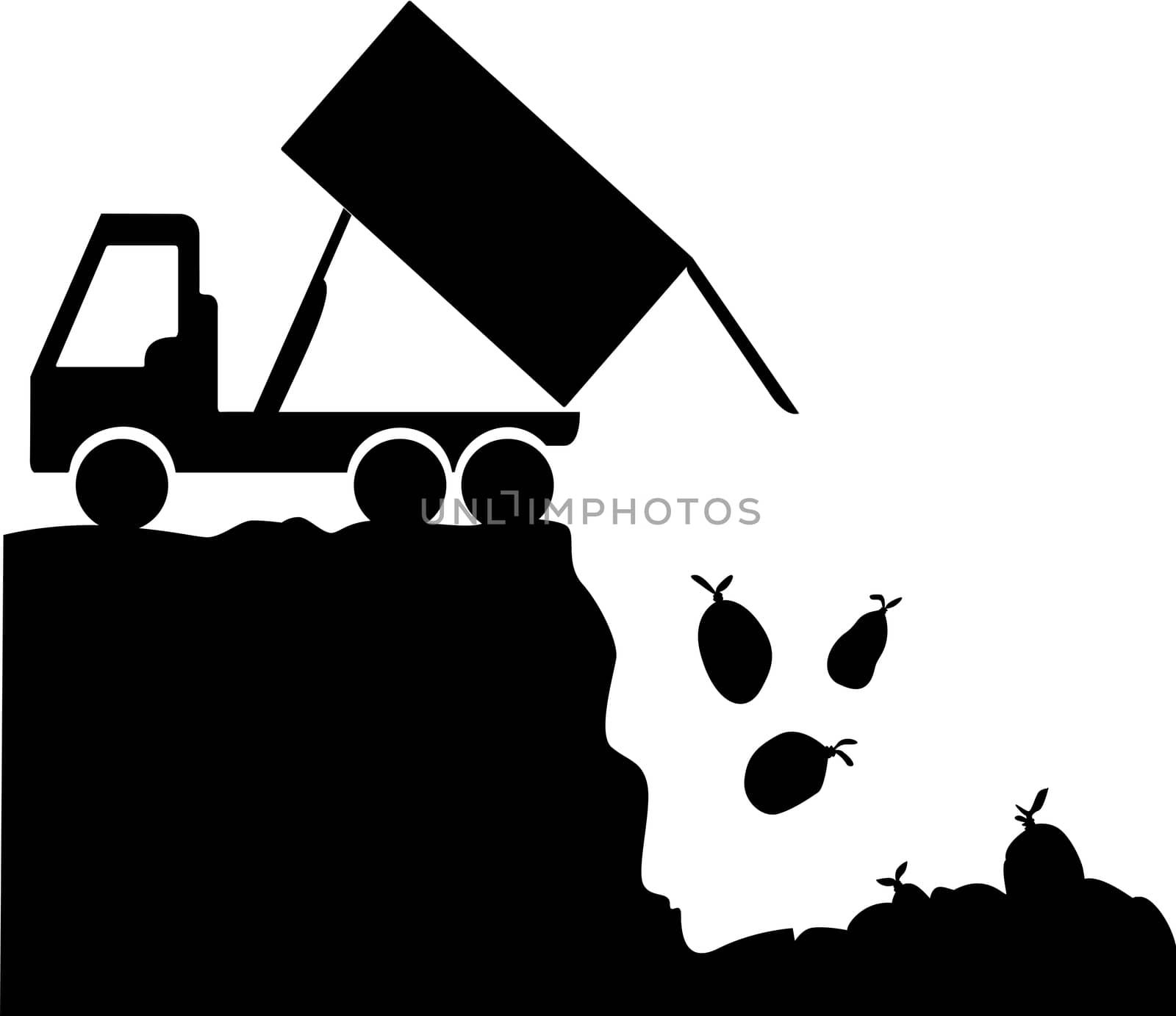 A silhouette of a garbage truck which is unloading trash bags into a landfill.