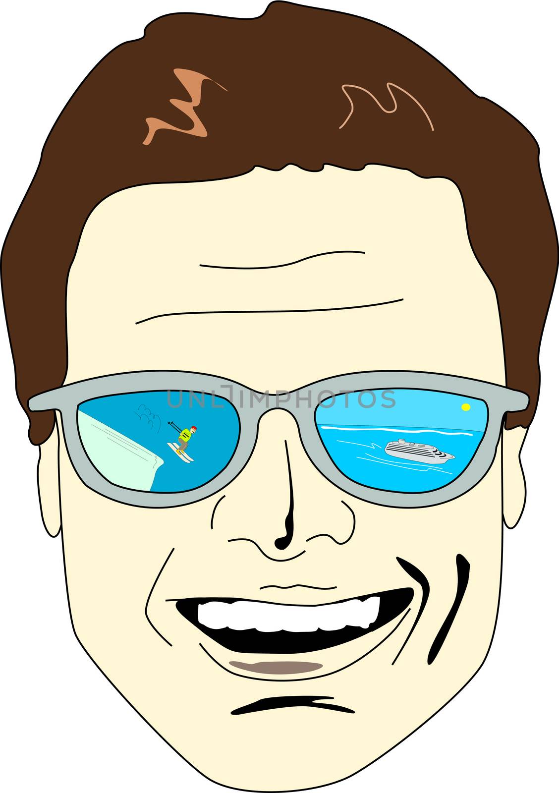 A happy man's face is portrayed with sunglasses which lens shows a ski station and a cruise ship, touristic options for travelers.