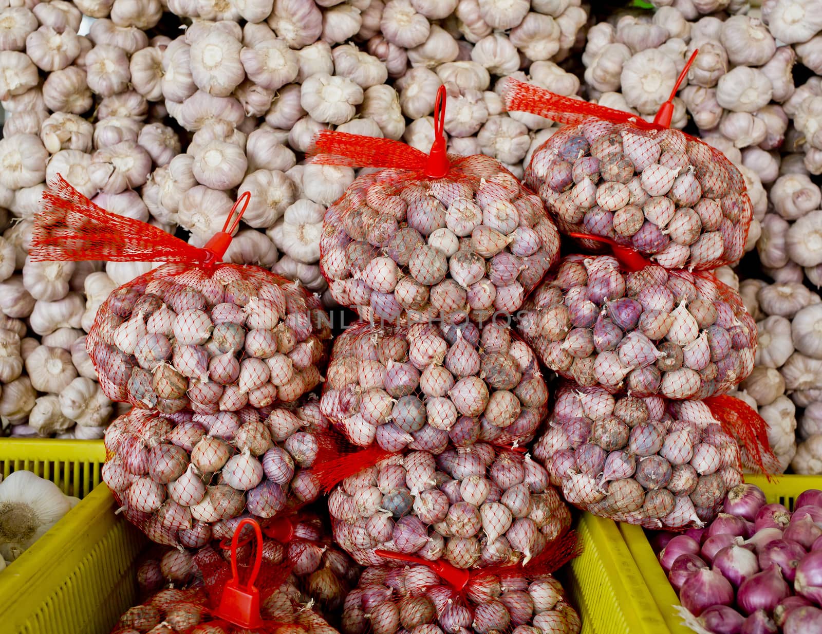 Lots of white purple Italian garlic bulbs on display for sale at an outdoor farmers market