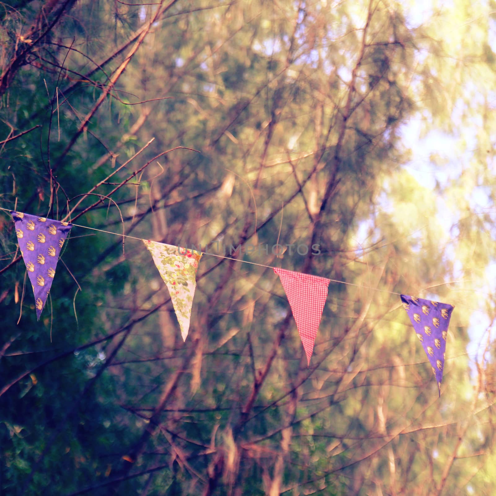 Colorful bunting flags hanging on tree with retro filter effect by nuchylee