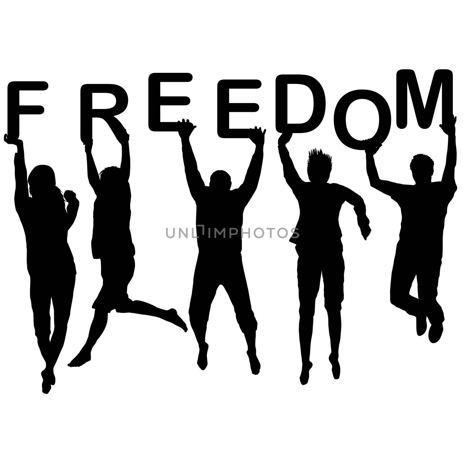 People silhouettes jumping and holding the letters with word Fre by hibrida13