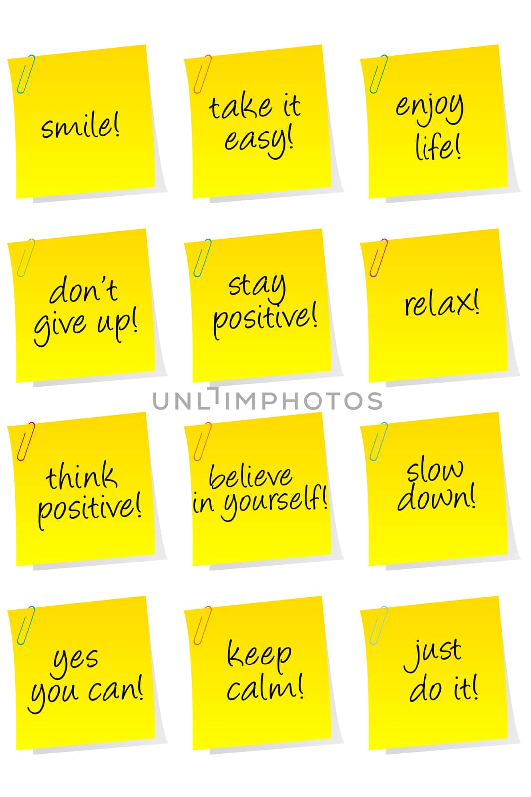 Set of sheets of paper with motivational and positive thinking messages