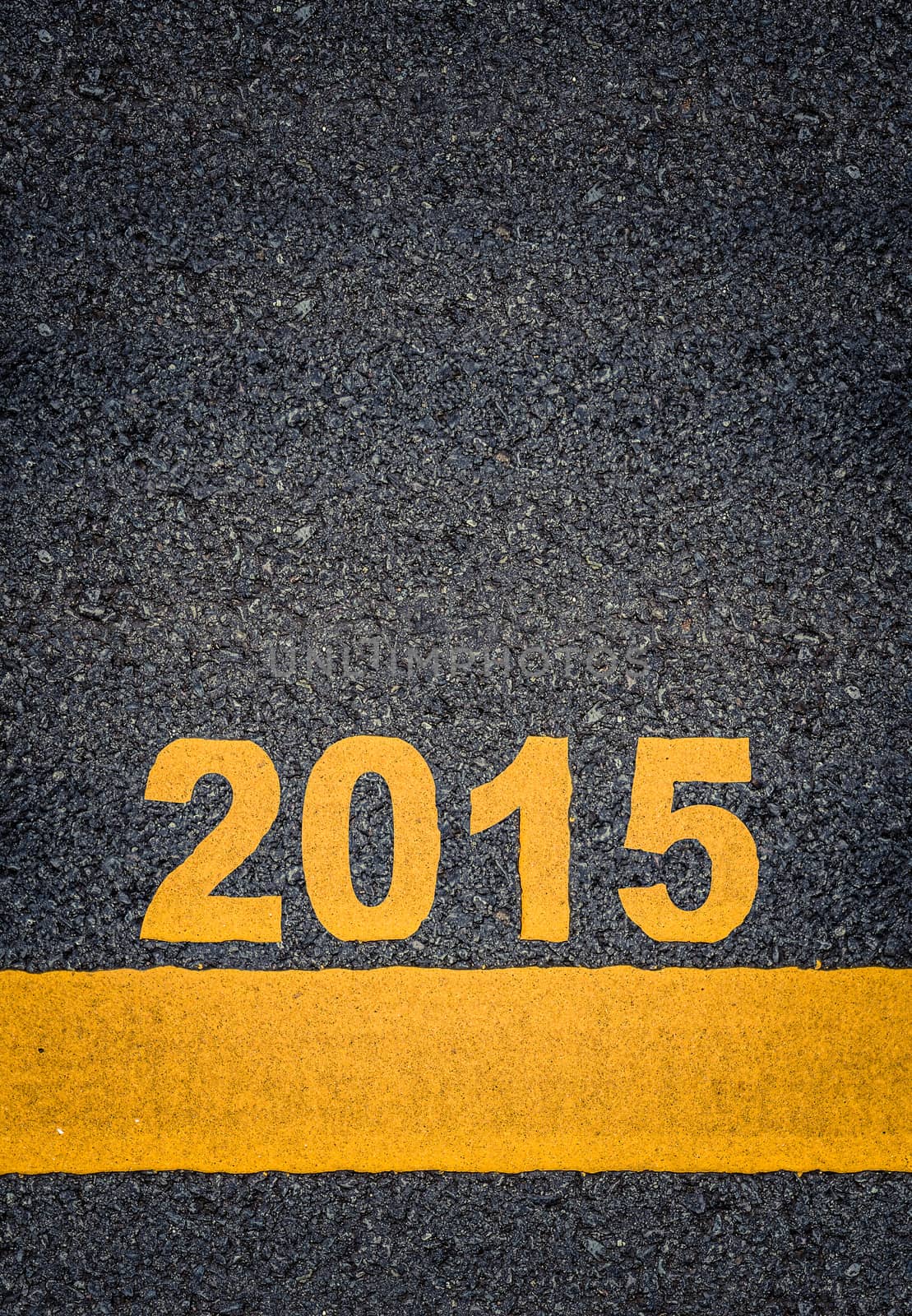 Conceptual Image Of Year 2015 As Yellow Asphalt Road Markings With Single Line And Copy Space