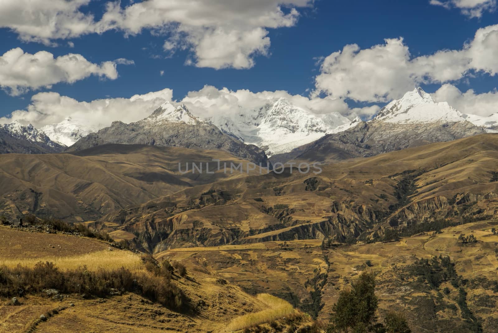 Panoramic view of sunlit slopes in Peruvian Cordillera Negra