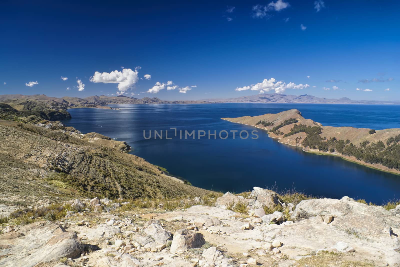 Picturesque view of Isla del Sol, island on lake Titicaca in Bolivia