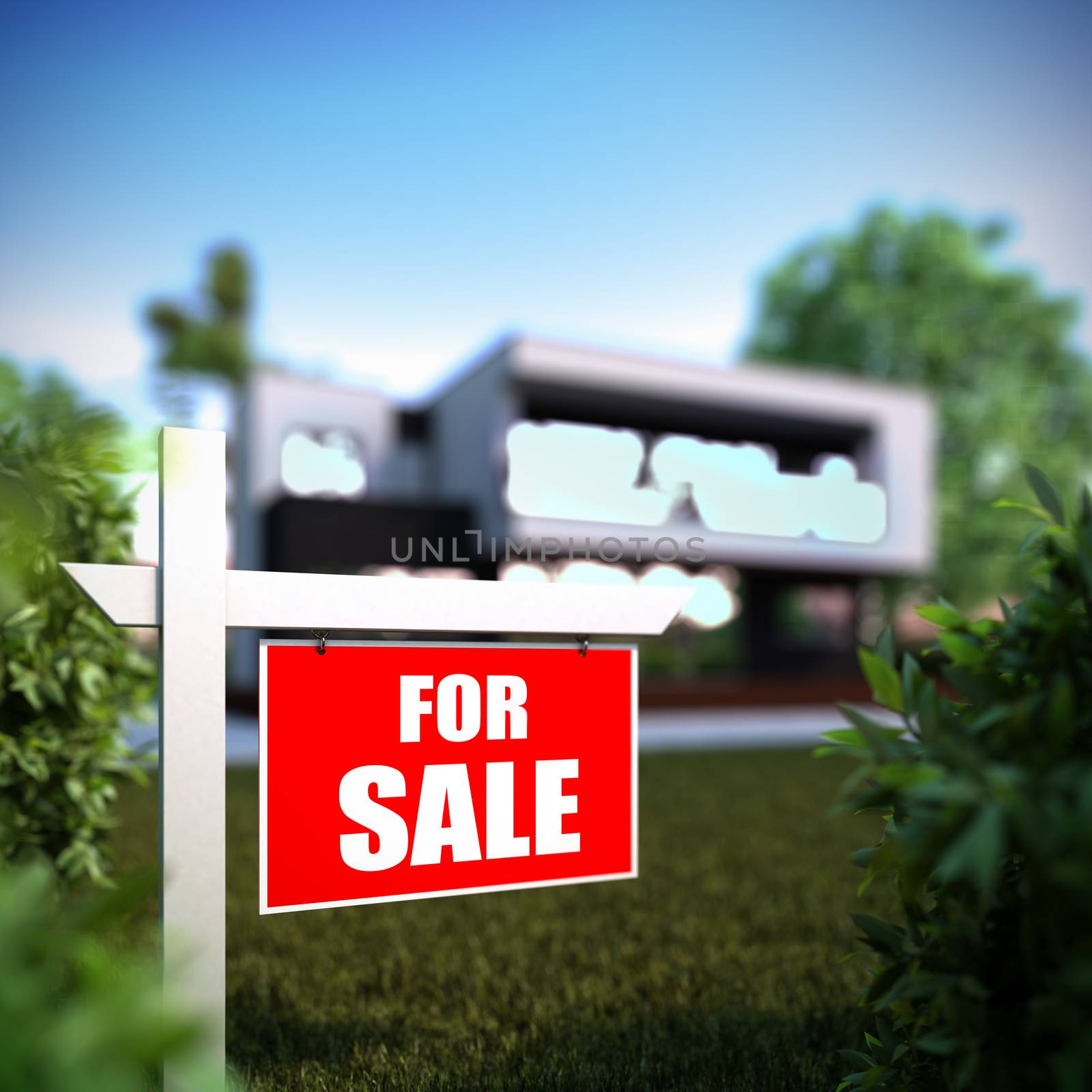 A 3D illustration of Home For Sale sign in front of new modern house. 