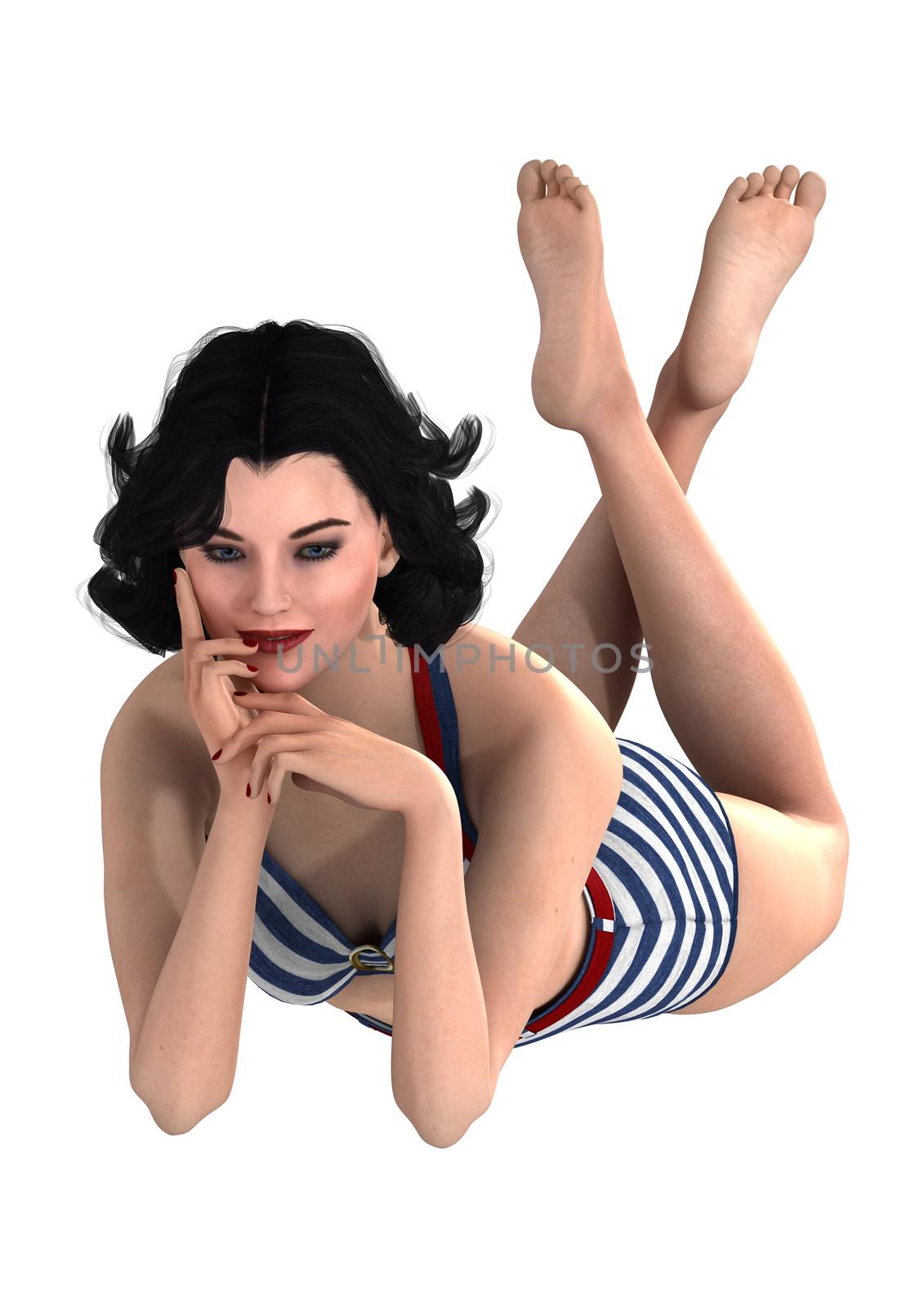 3D digital render of a beautiful vintage pinup girl isolated on white background