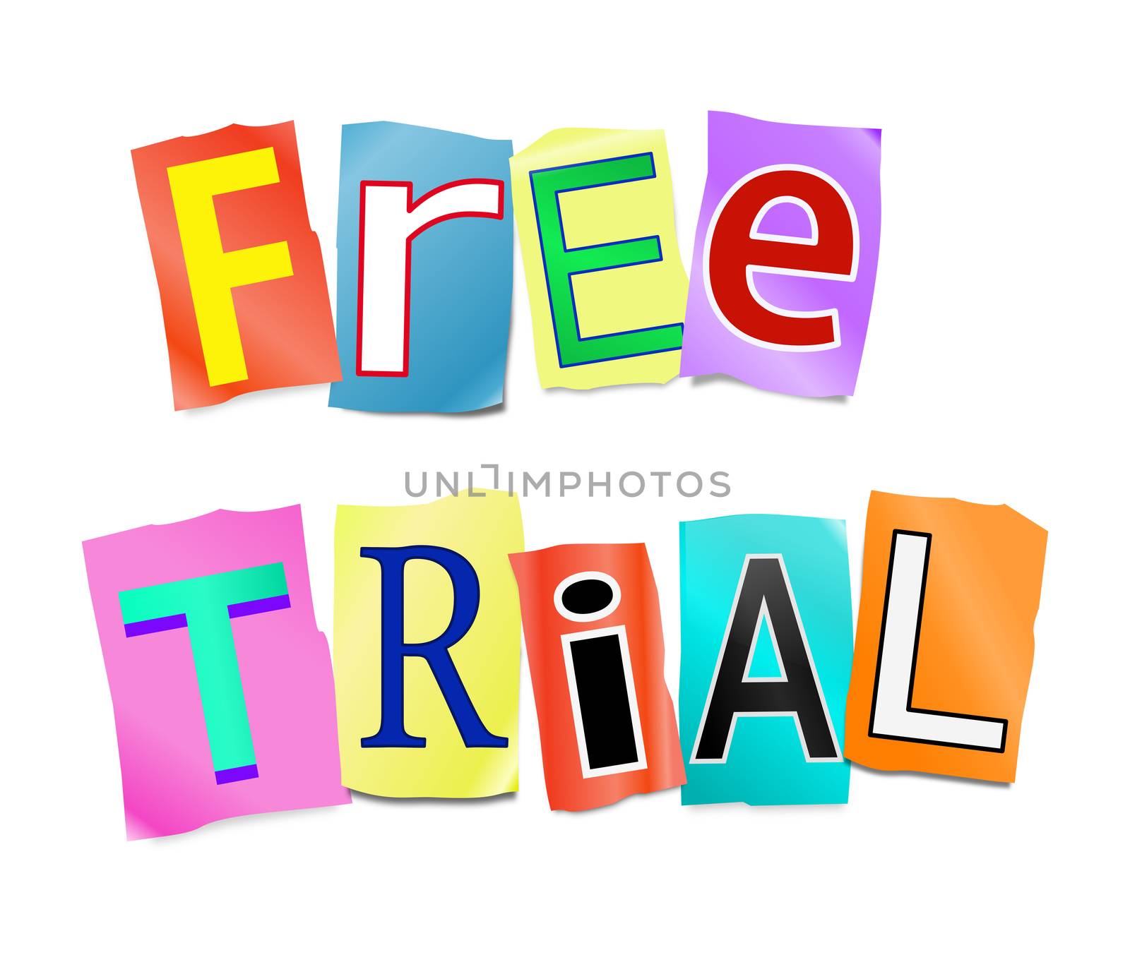 Illustration depicting a set of cut out printed letters arranged to form the words free trial.