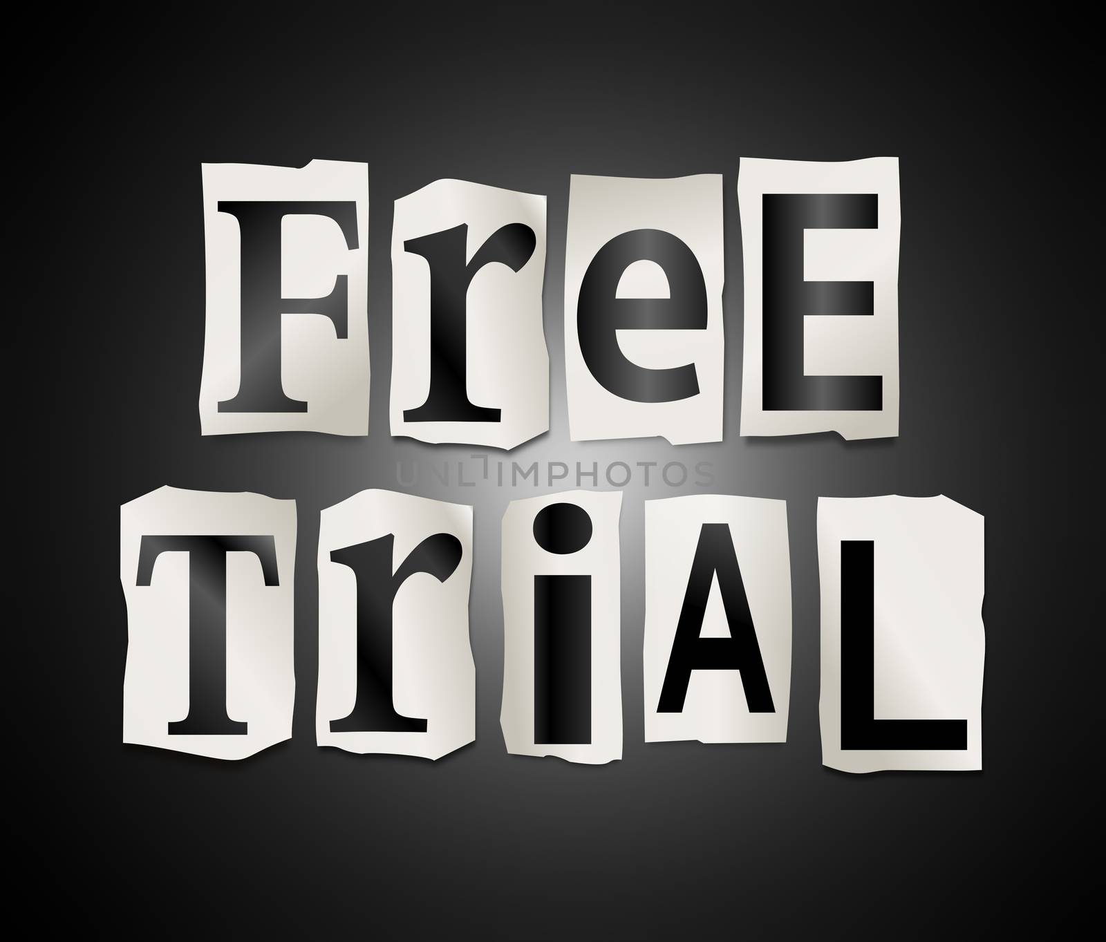 Illustration depicting a set of cut out printed letters arranged to form the words free trial.