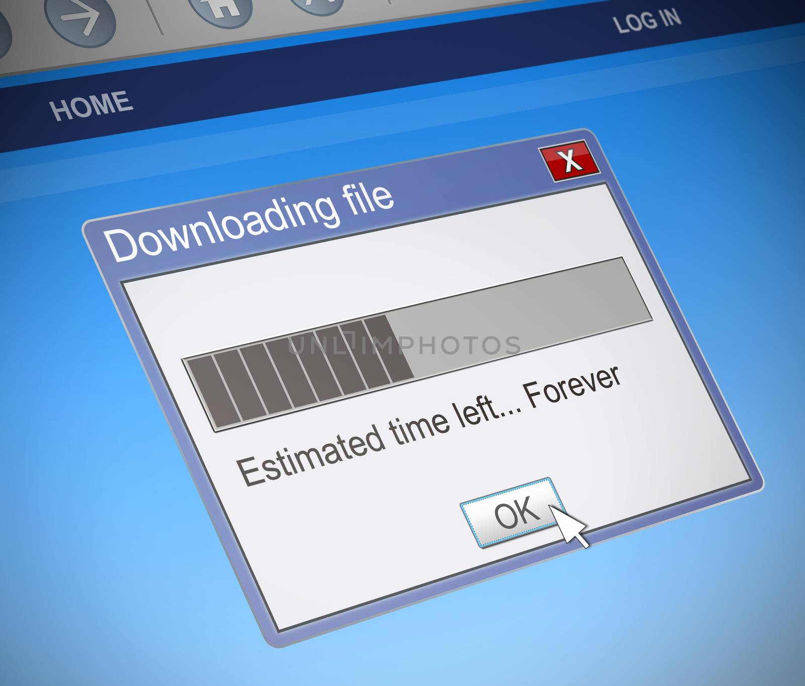Illustration depicting a computer message box with a slow download concept.