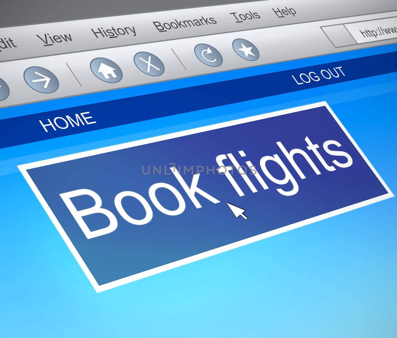 Illustration depicting a computer screen capture with an online flight booking concept.