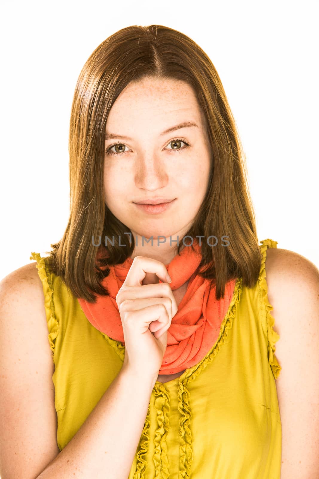Pretty scheming girl on a white background