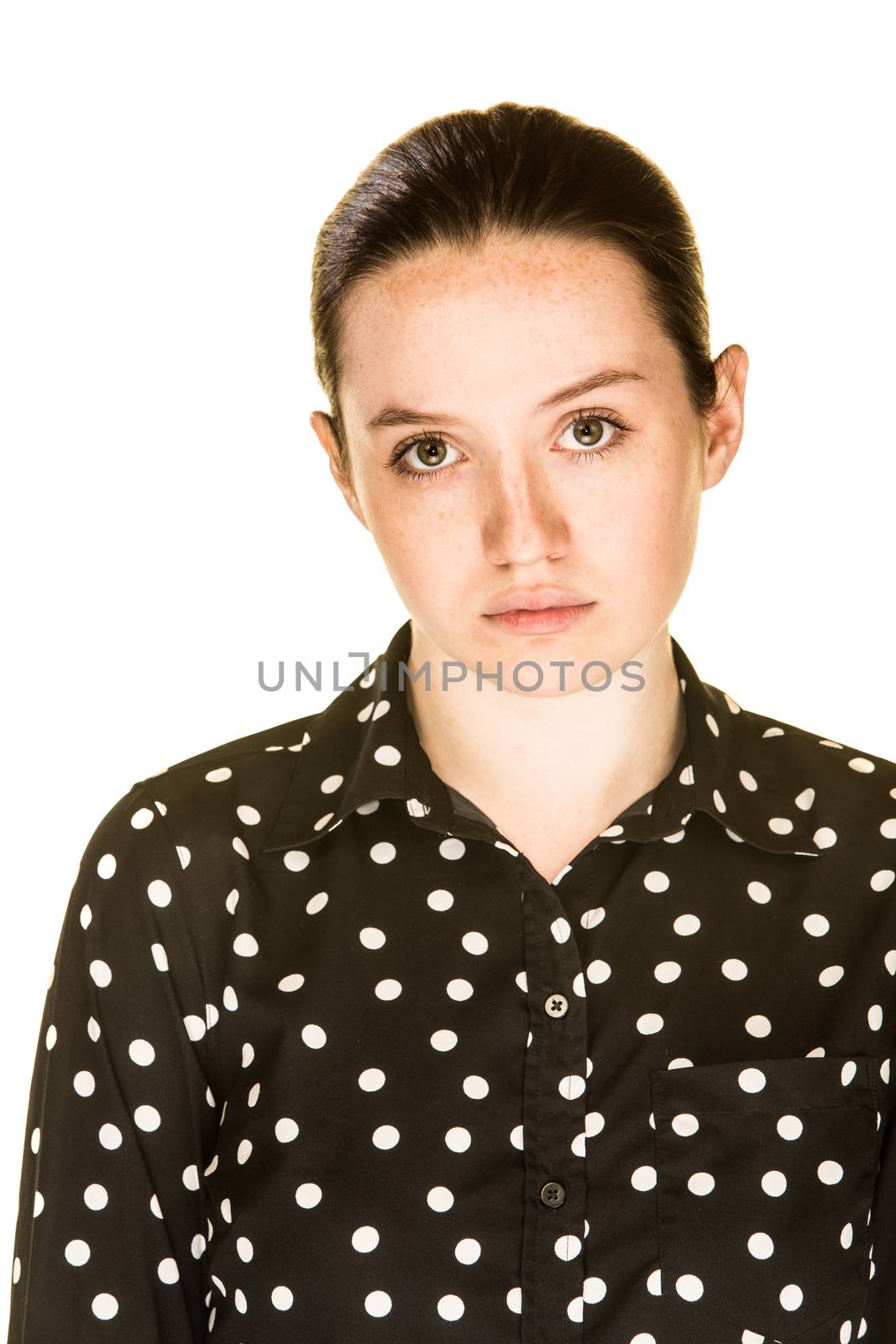 Young attractive woman against a white background