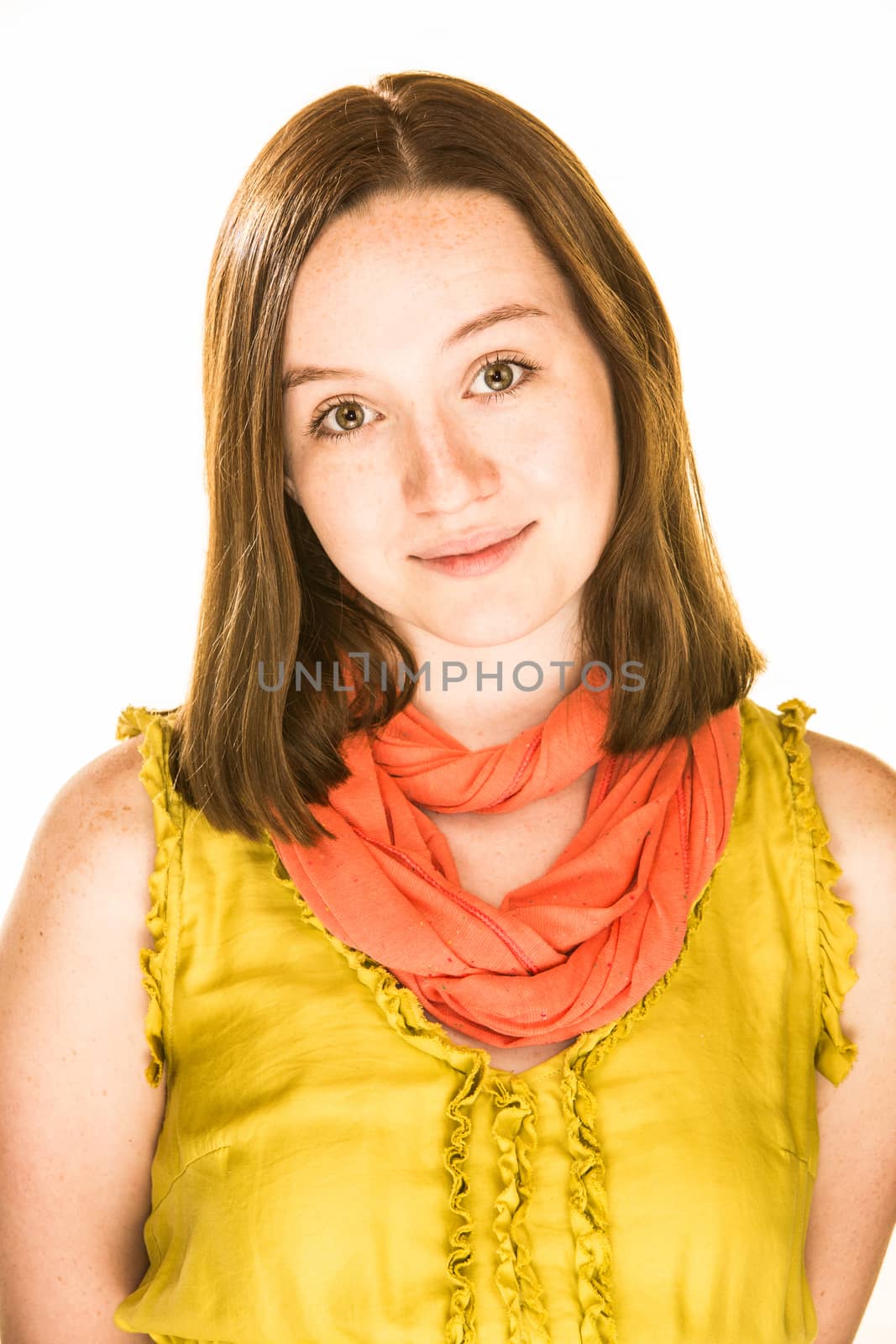 Pretty girl with a loving expression on white background