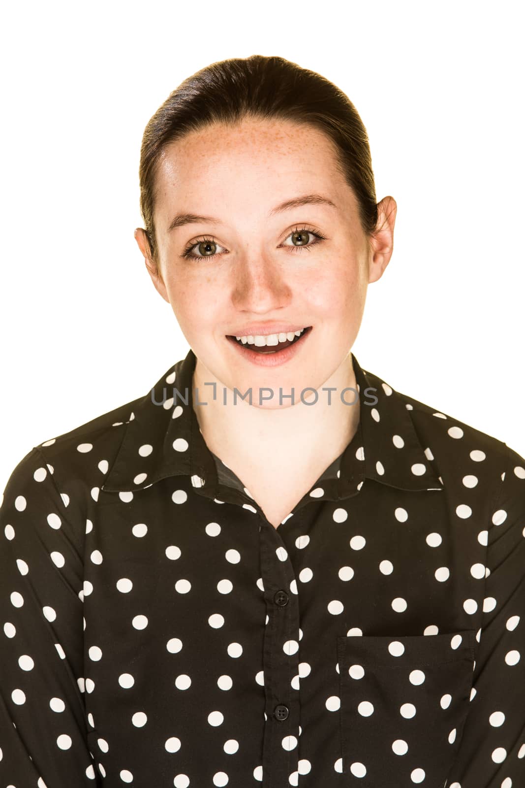 Happy young woman against a white background