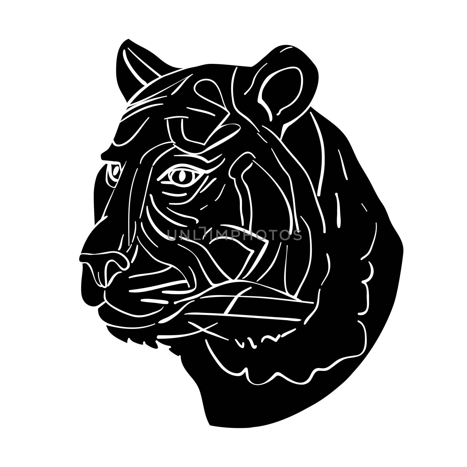Tiger head avatar, Chinese zodiac sign illustration, black silhouette isolated on white