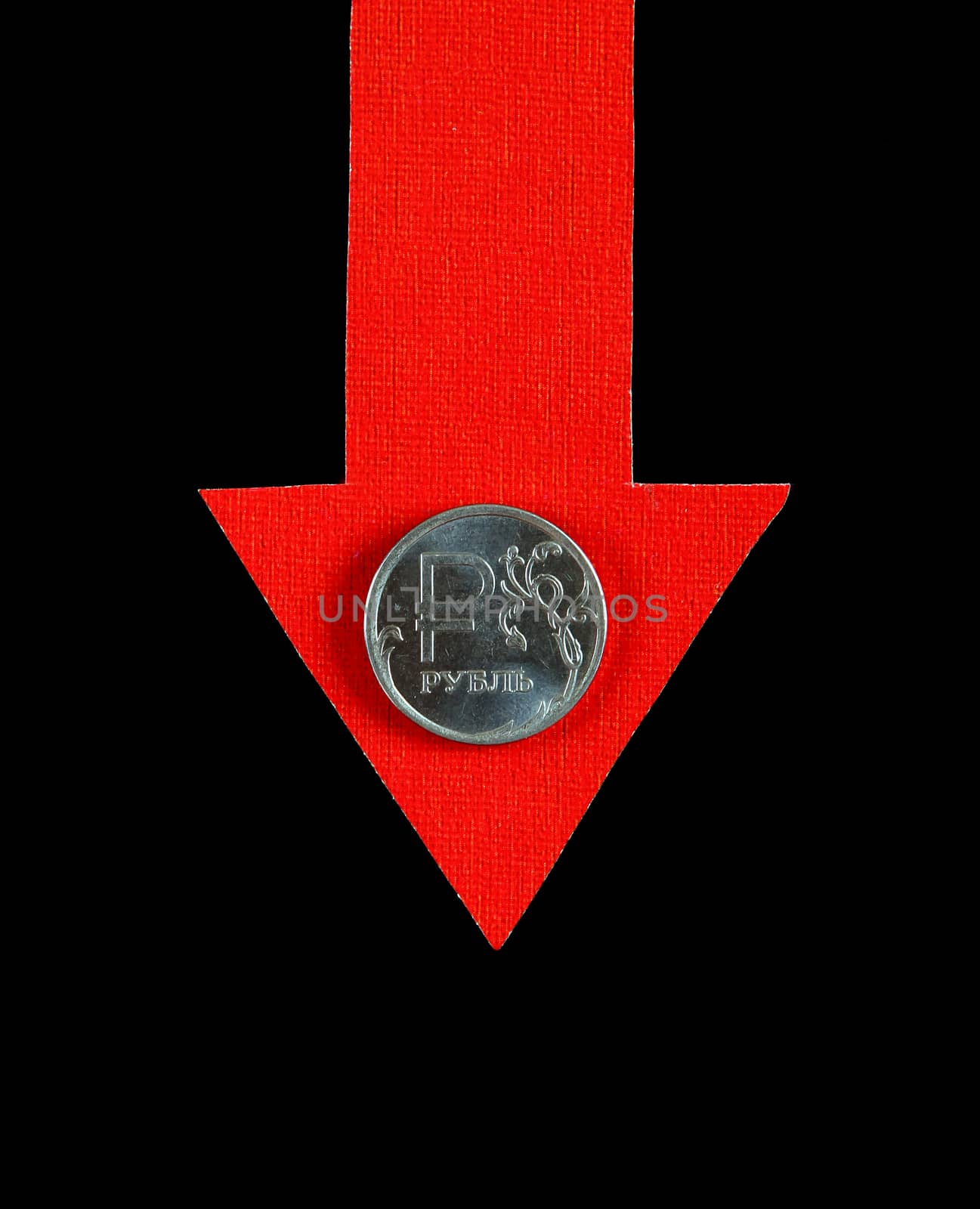 Red Arrow with Russian Ruble Down on the Black Background